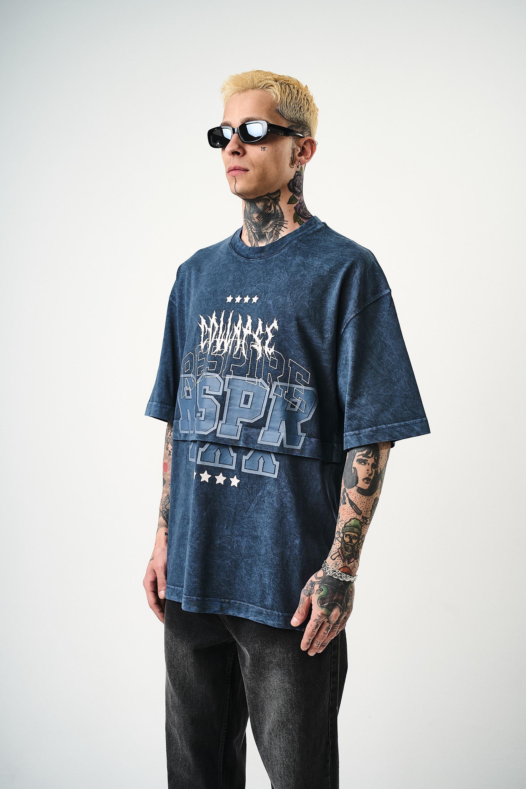 Erkek Respire Baskılı Yıkamalı Oversize T-Shirt İndigo