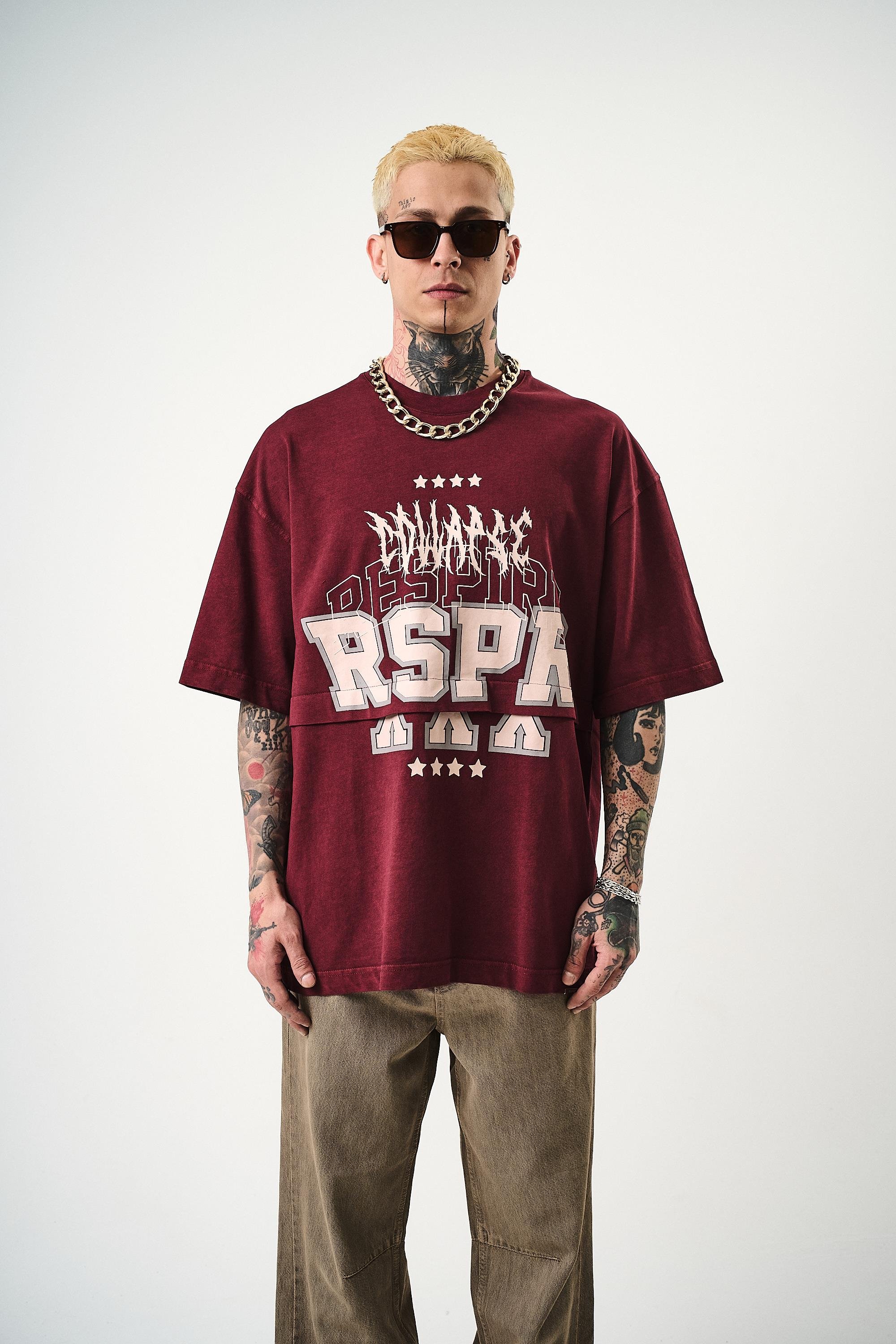 Erkek Respire Baskılı Yıkamalı Oversize T-Shirt Bordo