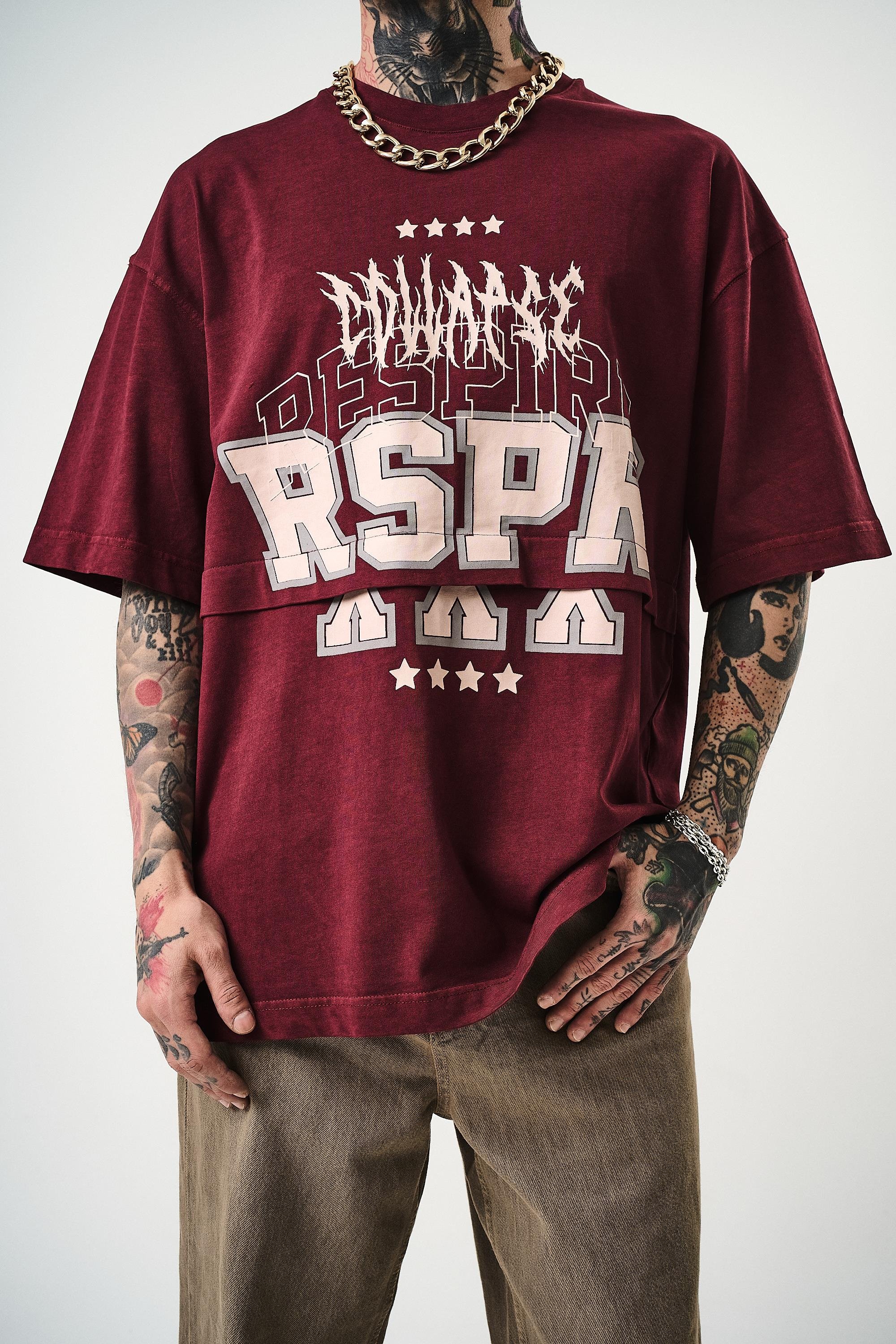 Erkek Respire Baskılı Yıkamalı Oversize T-Shirt Bordo