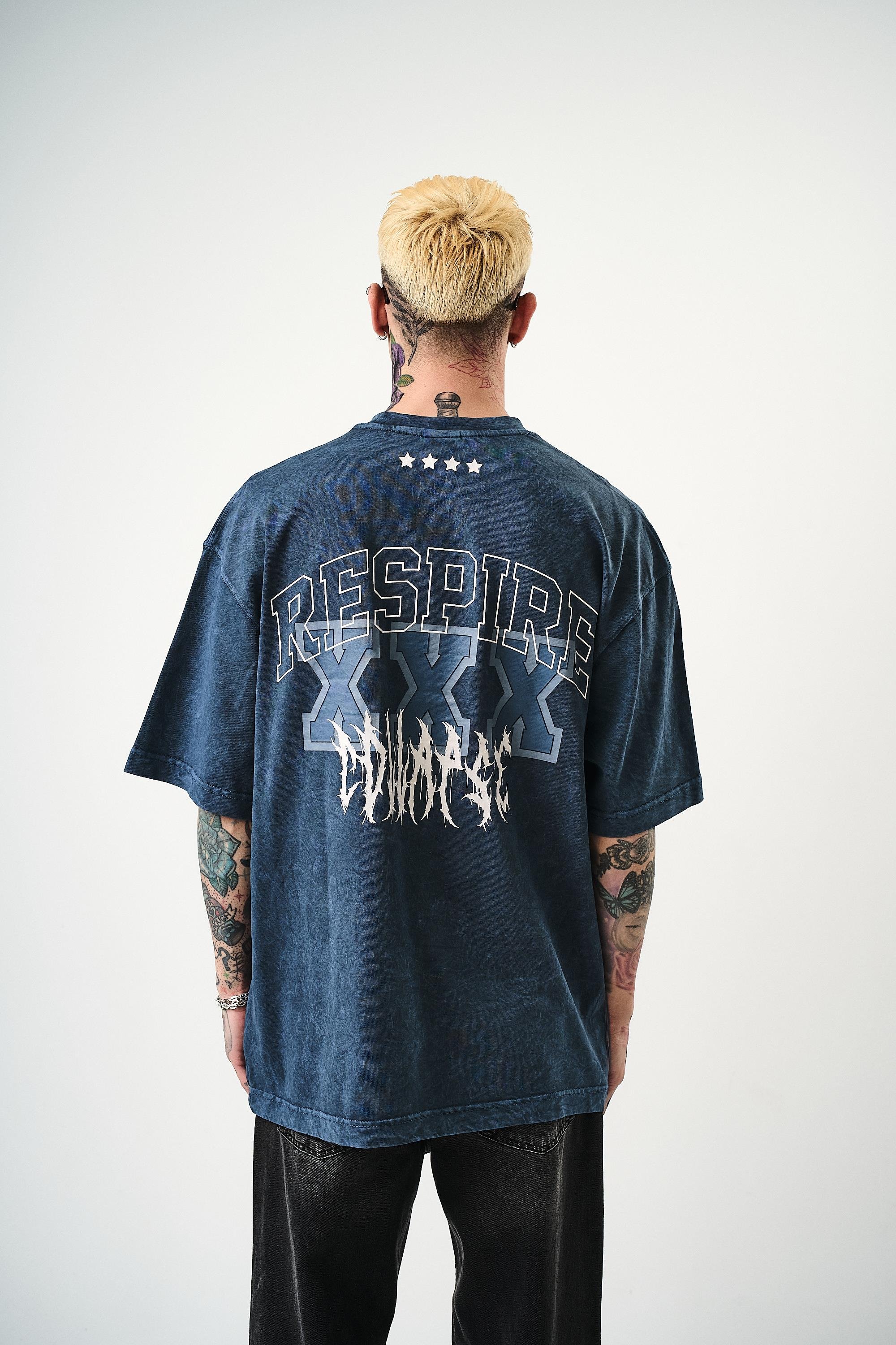 Erkek Respire Baskılı Yıkamalı Oversize T-Shirt İndigo