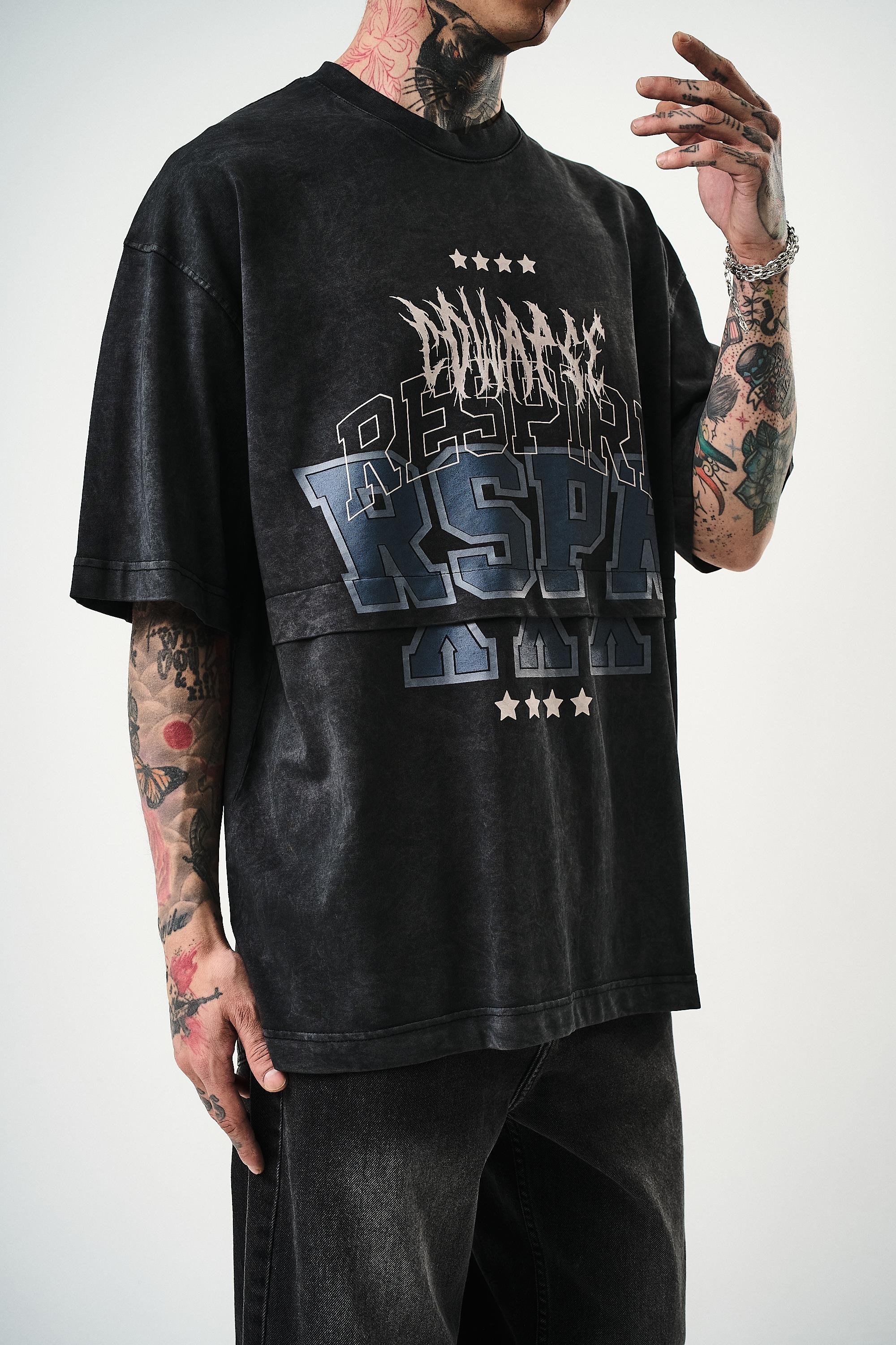 Erkek Respire Baskılı Yıkamalı Oversize T-Shirt Siyah
