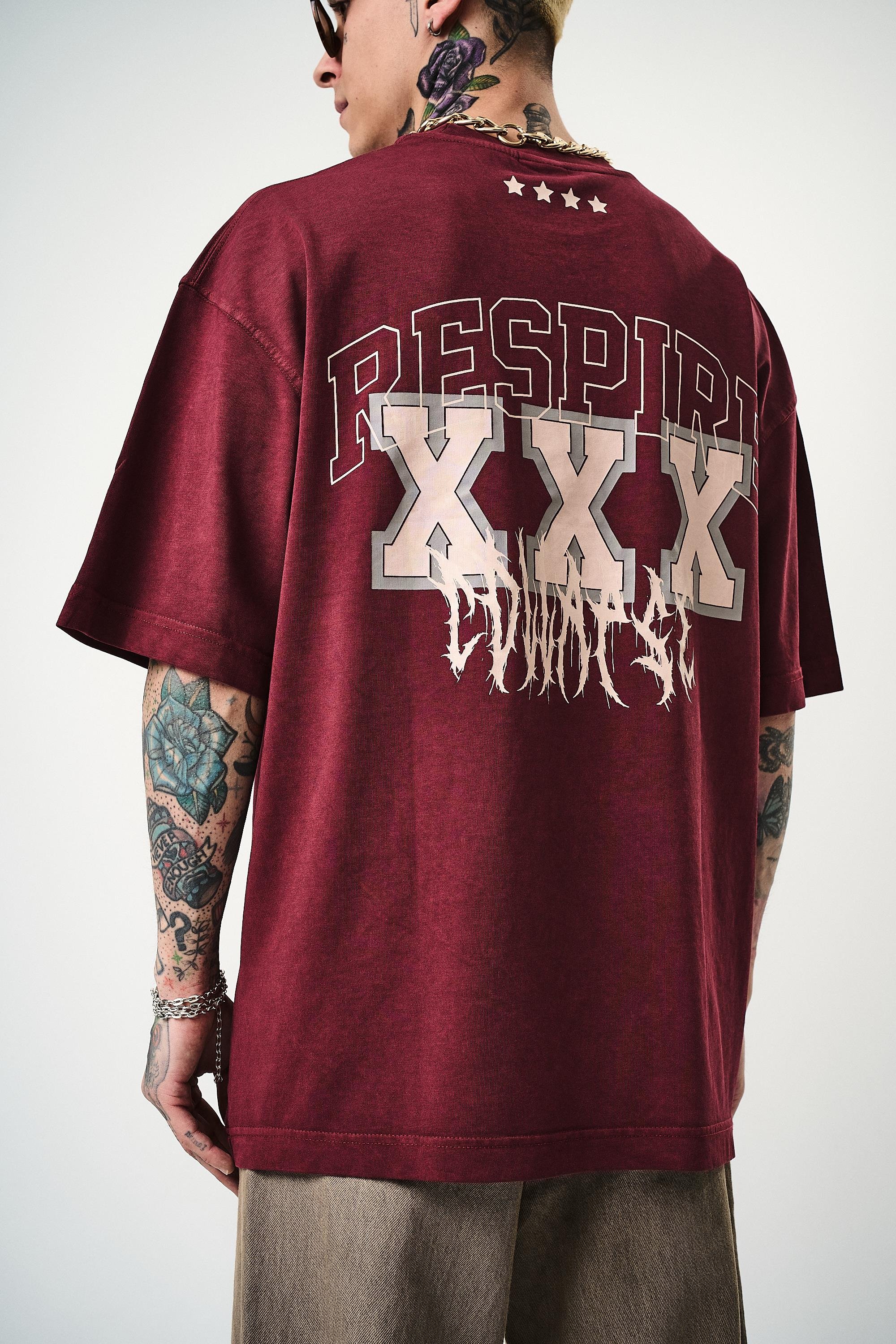 Erkek Respire Baskılı Yıkamalı Oversize T-Shirt Bordo