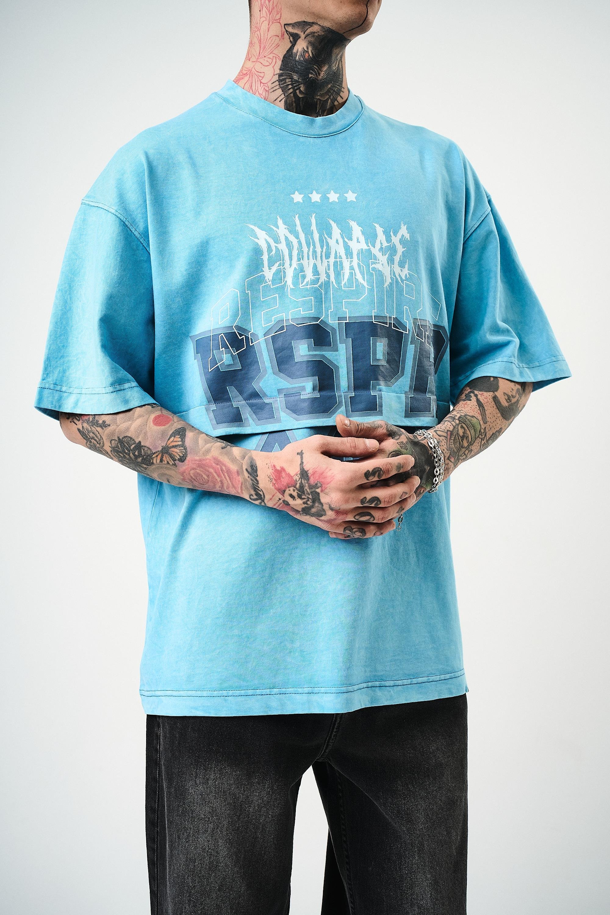 Erkek Respire Baskılı Yıkamalı Oversize T-Shirt Mavi