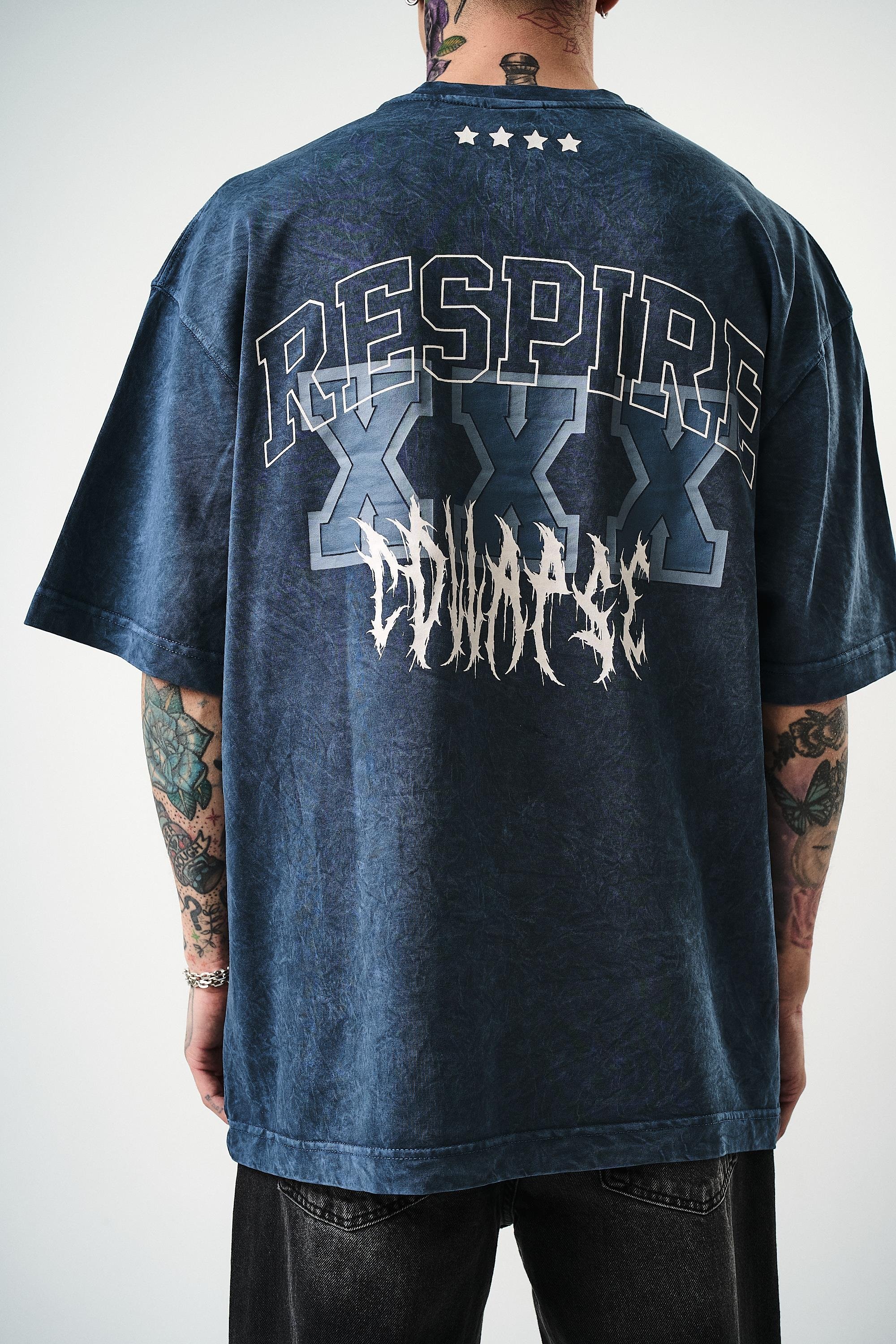 Erkek Respire Baskılı Yıkamalı Oversize T-Shirt İndigo