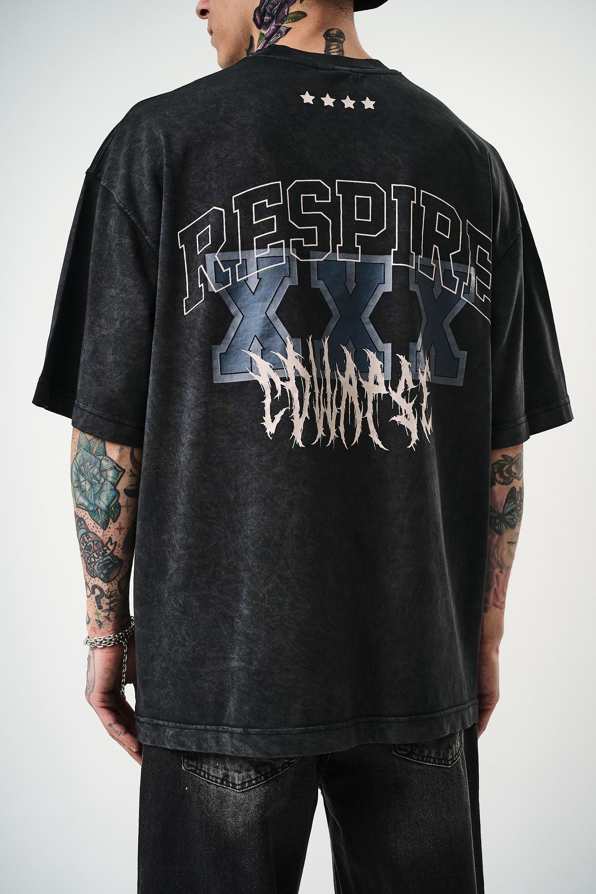 Erkek Respire Baskılı Yıkamalı Oversize T-Shirt Siyah