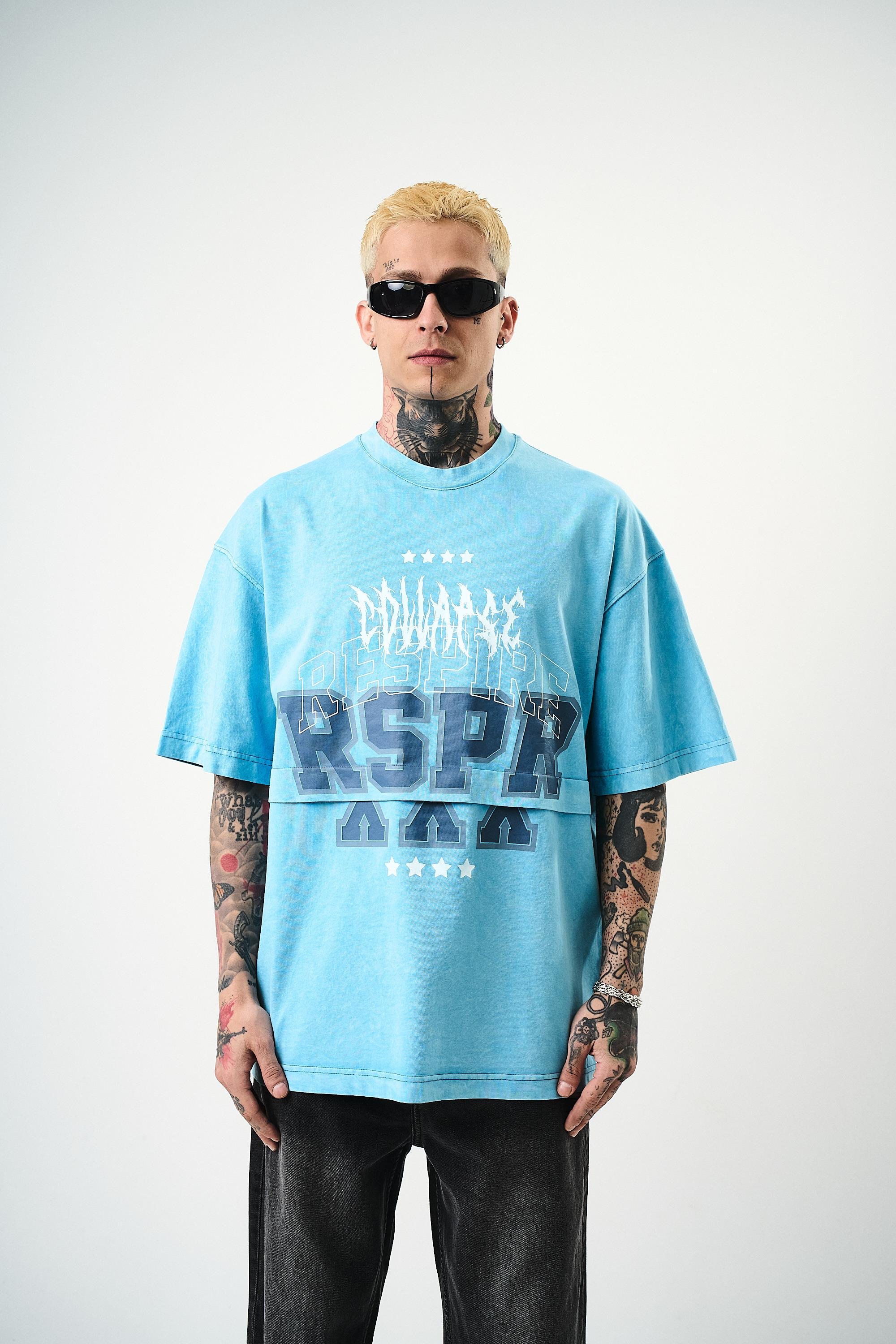 Erkek Respire Baskılı Yıkamalı Oversize T-Shirt Mavi