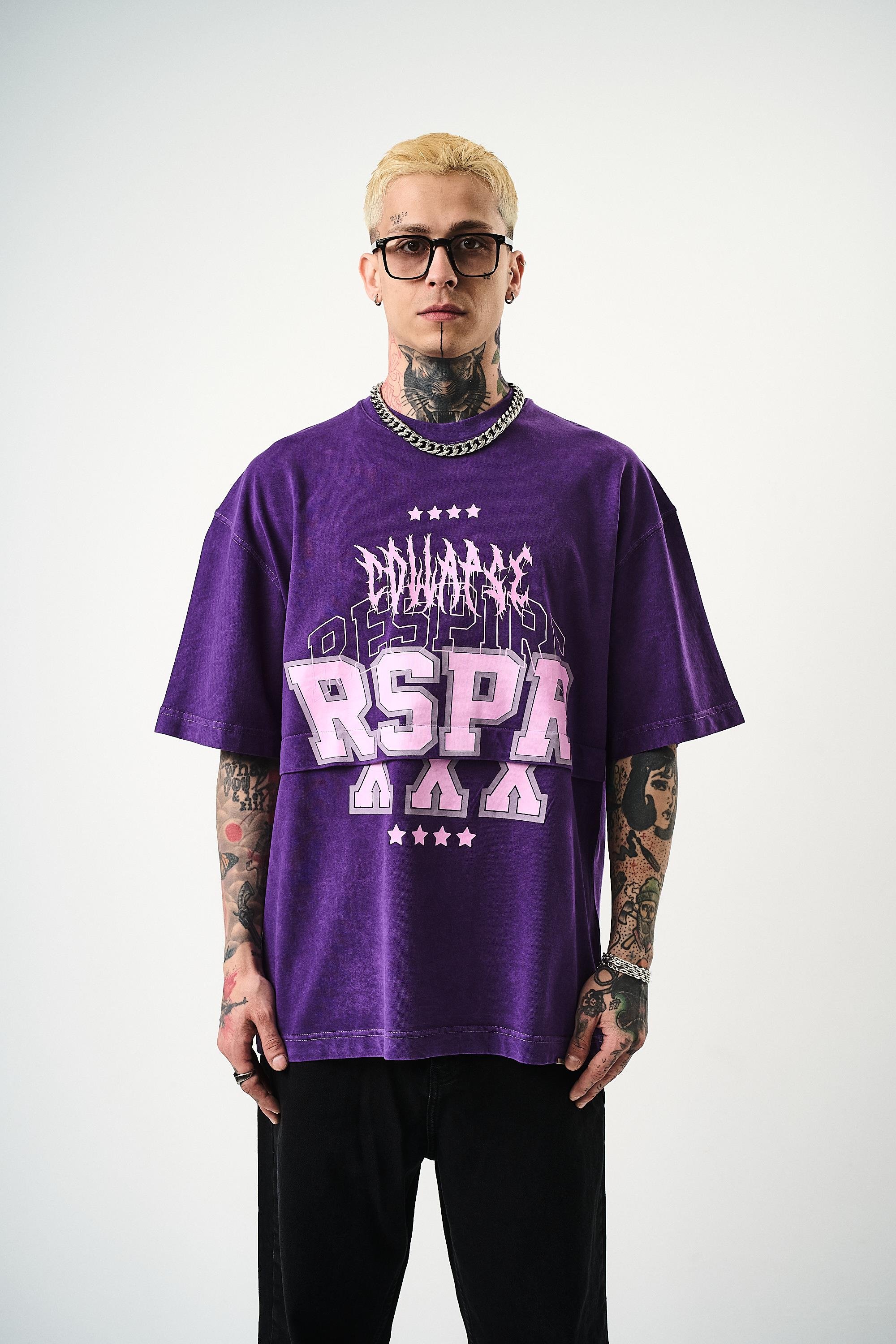 Erkek Respire Baskılı Yıkamalı Oversize T-Shirt Mor