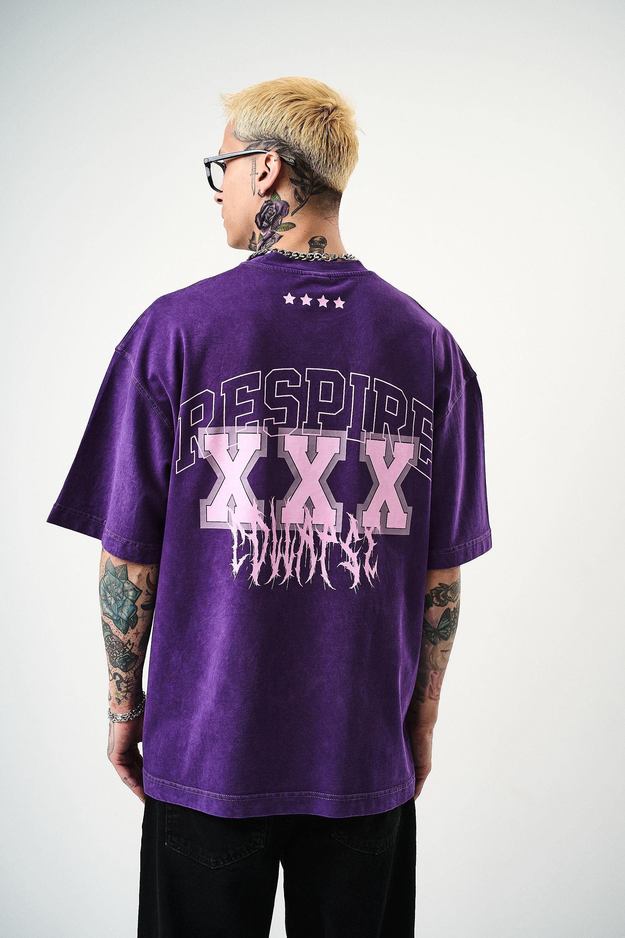 Erkek Respire Baskılı Yıkamalı Oversize T-Shirt Mor