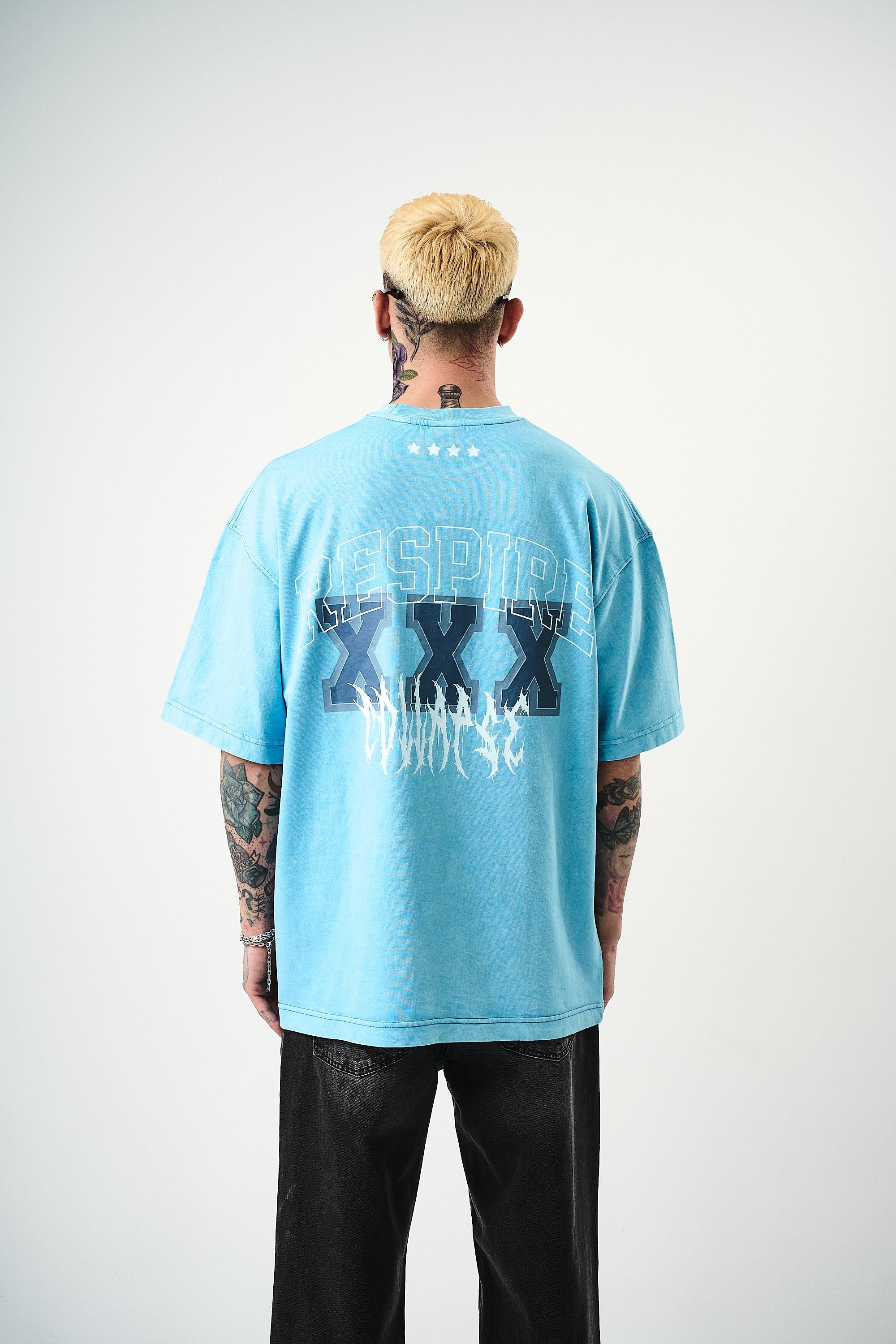 Erkek Respire Baskılı Yıkamalı Oversize T-Shirt Mavi