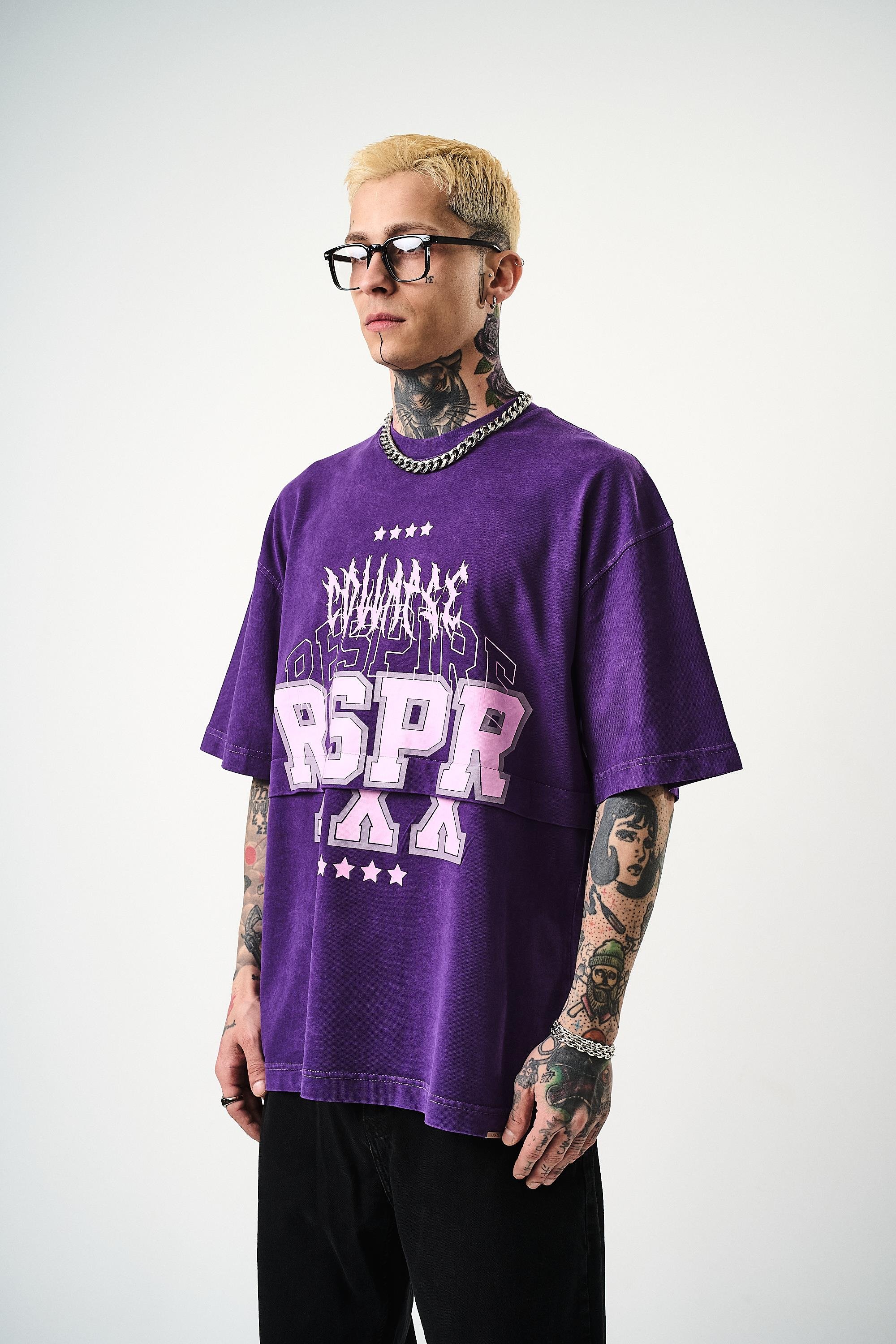 Erkek Respire Baskılı Yıkamalı Oversize T-Shirt Mor