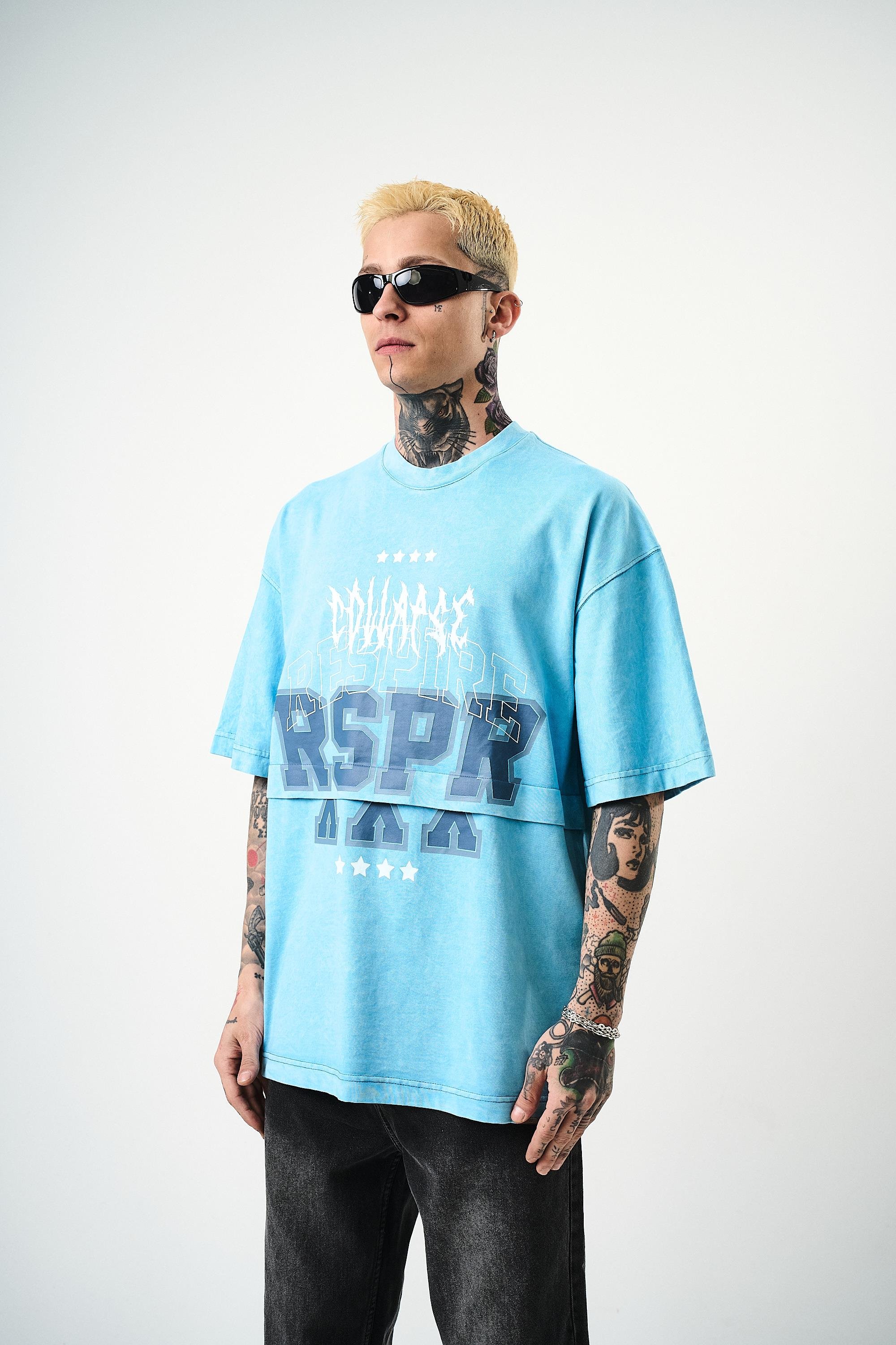 Erkek Respire Baskılı Yıkamalı Oversize T-Shirt Mavi