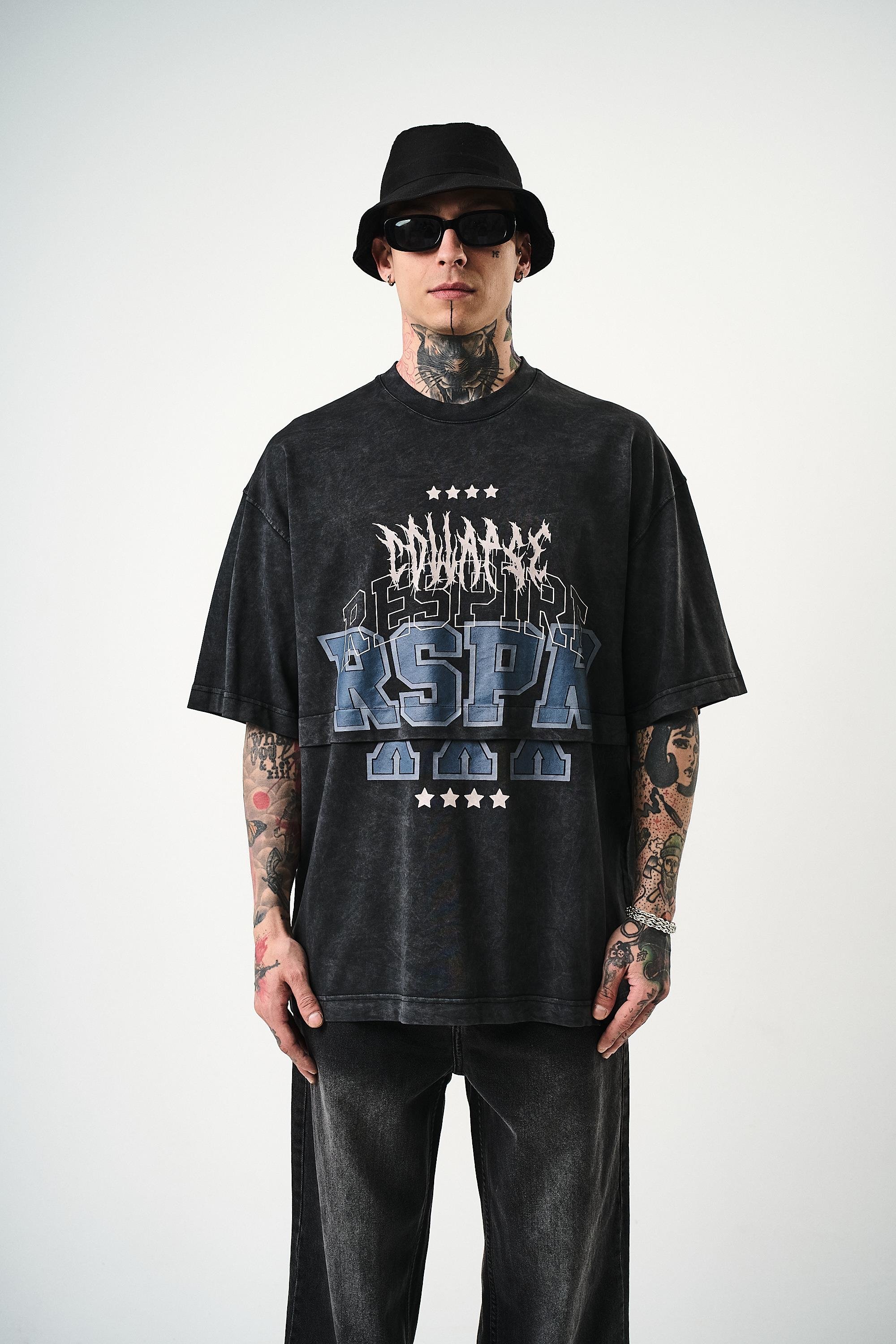 Erkek Respire Baskılı Yıkamalı Oversize T-Shirt Siyah