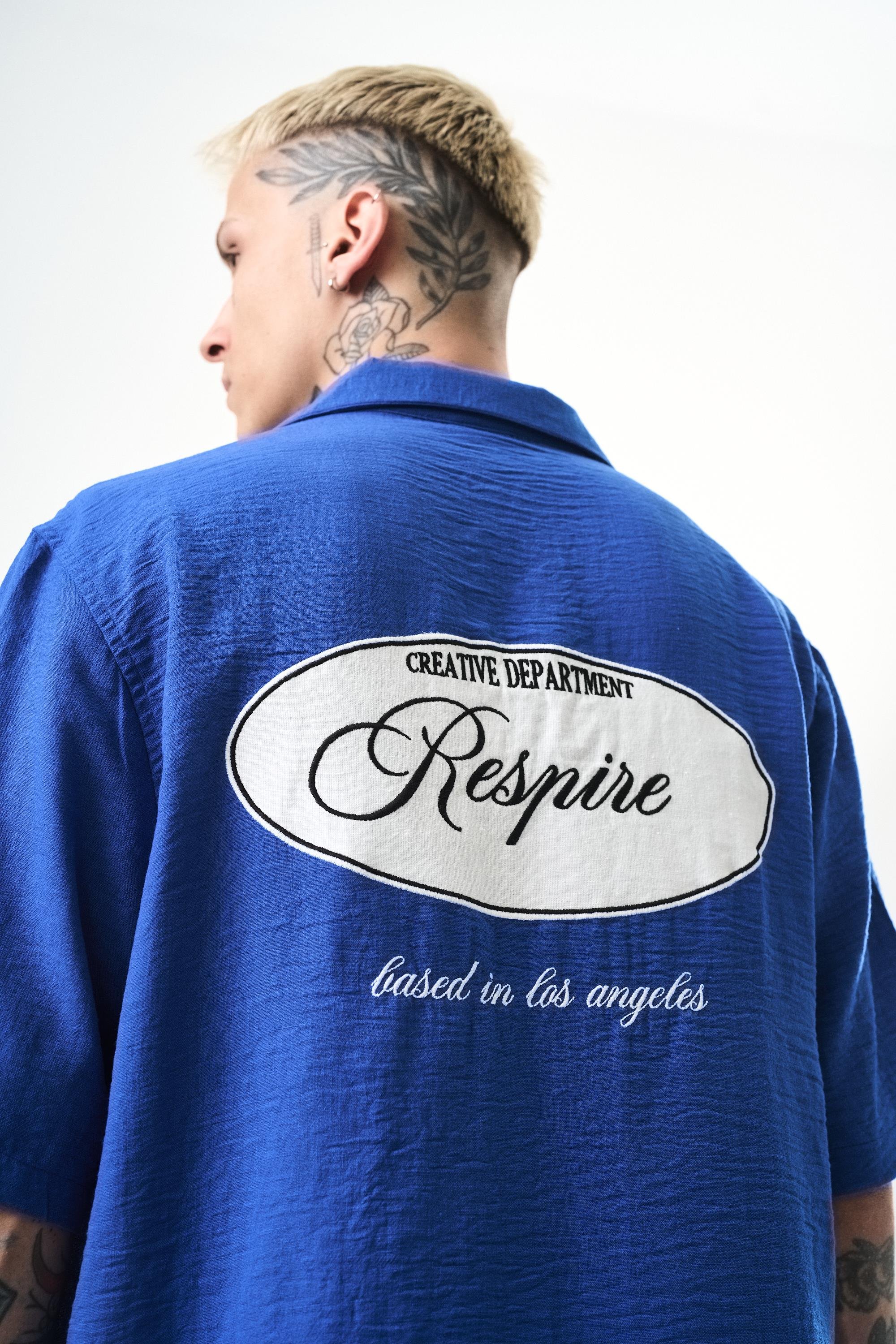 Erkek Respire Nakışlı Oversize Keten Gömlek Saks