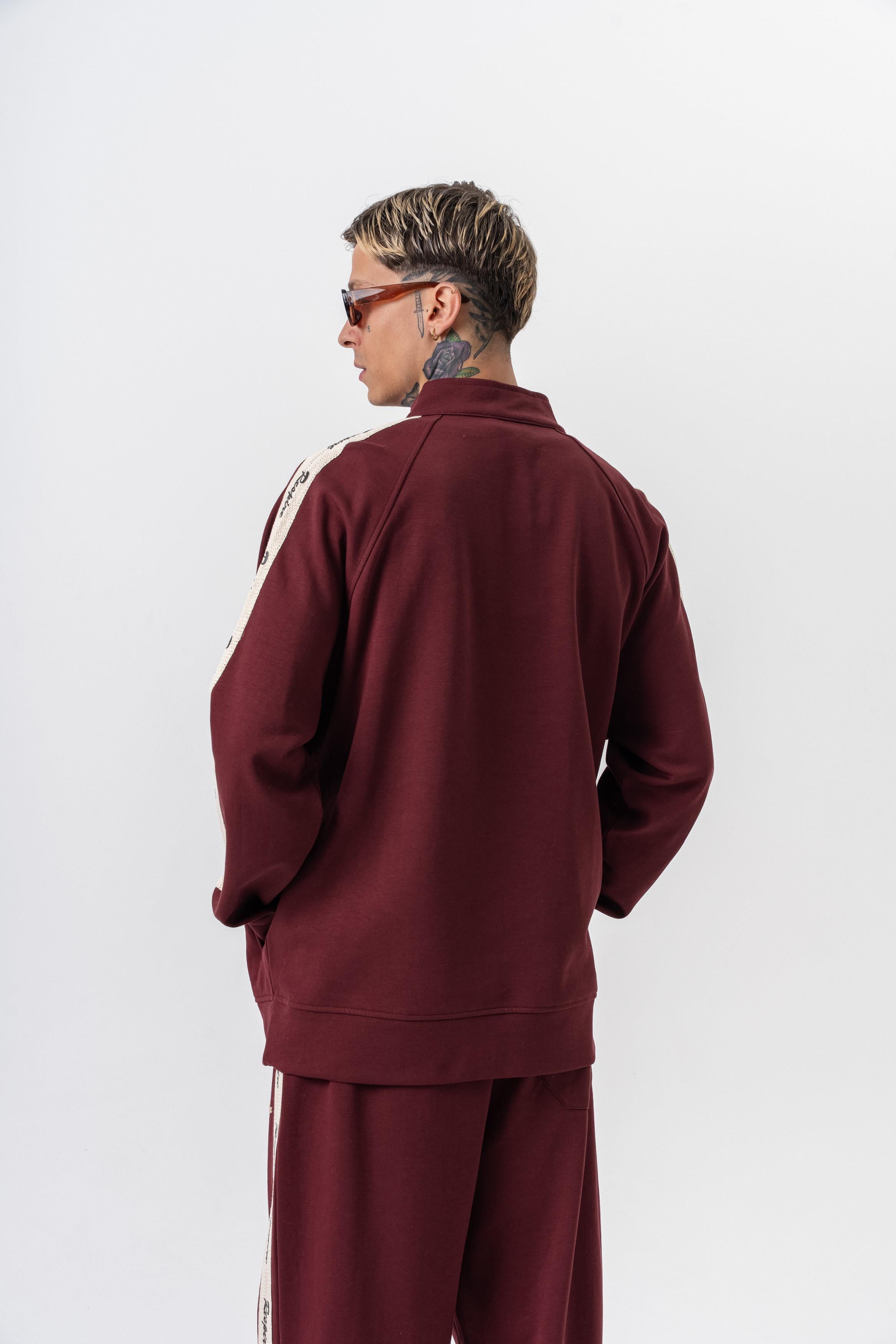 Erkek Respire Şerit Detaylı Dik Yaka Doubleface Zip Oversize Sweatshirt Bordo