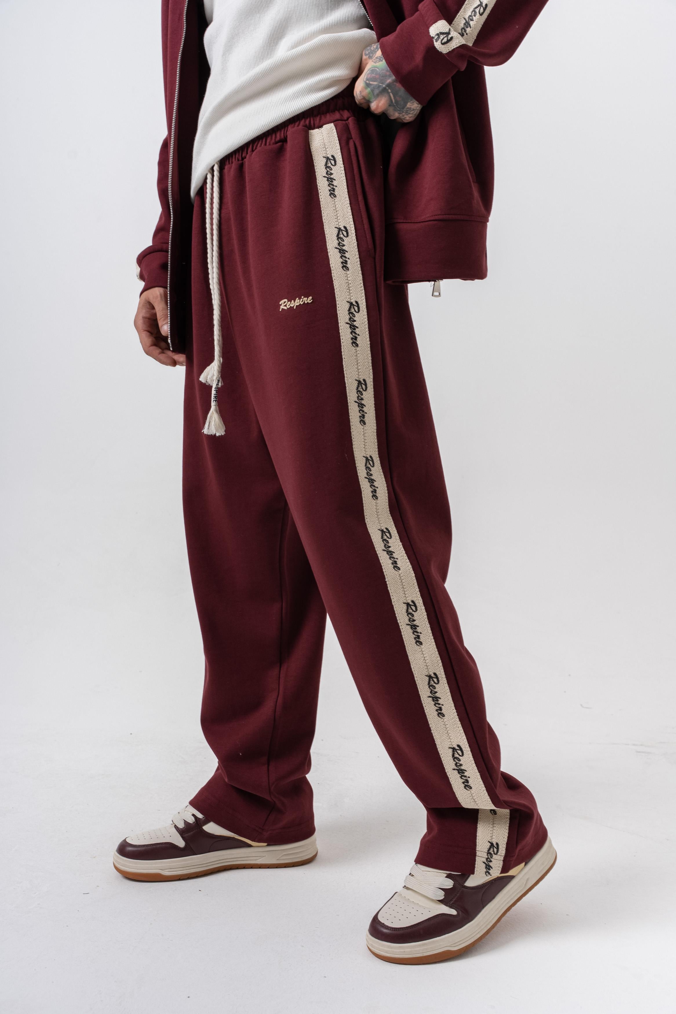 Erkek Respire Şerit Detaylı Kışlık Doubleface Baggy Eşofman Altı Bordo