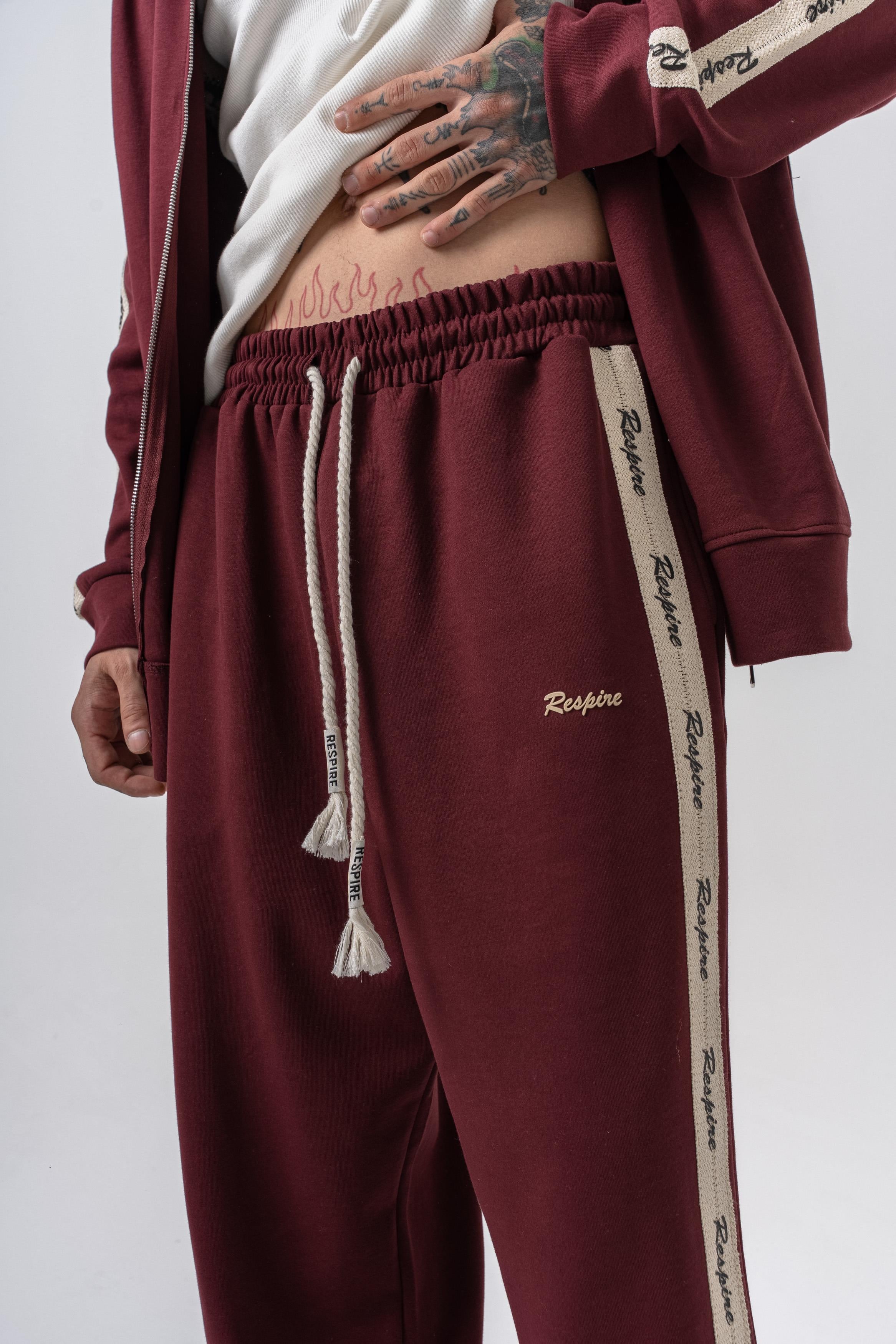Erkek Respire Şerit Detaylı Kışlık Doubleface Baggy Eşofman Altı Bordo