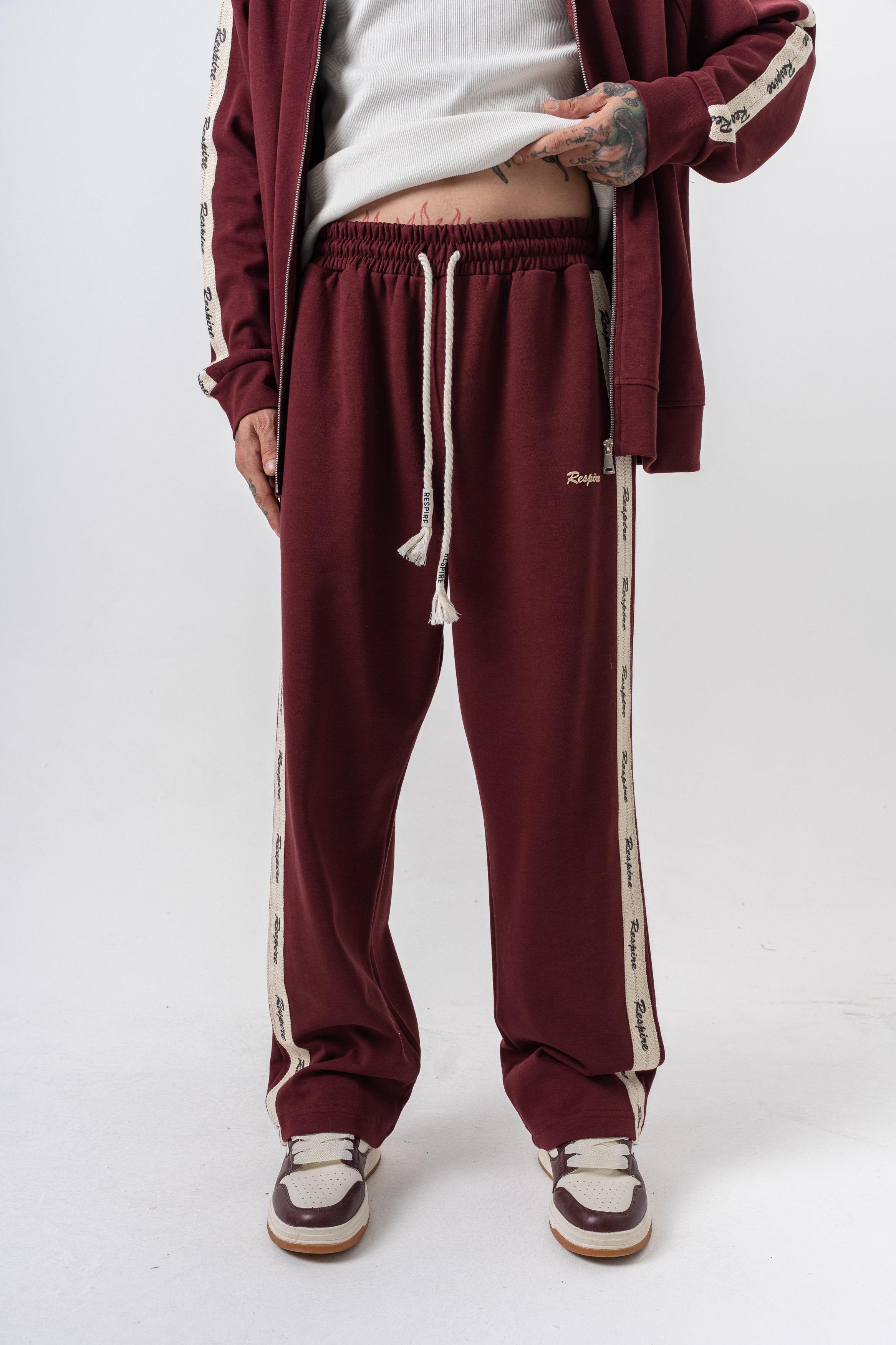 Erkek Respire Şerit Detaylı Kışlık Doubleface Baggy Eşofman Altı Bordo