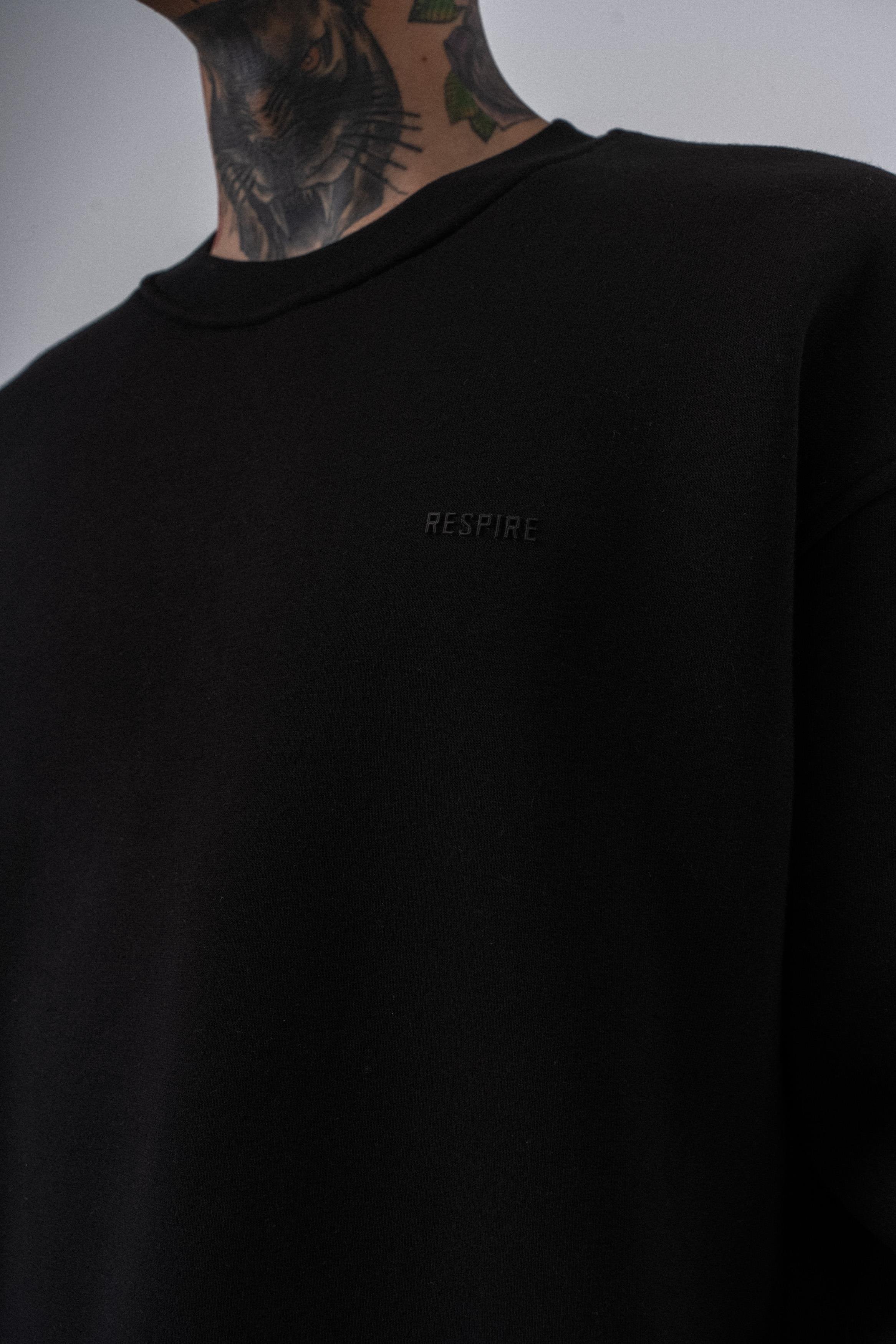 Erkek Respire Yazı Detaylı Basic Oversize Sweatshirt Siyah
