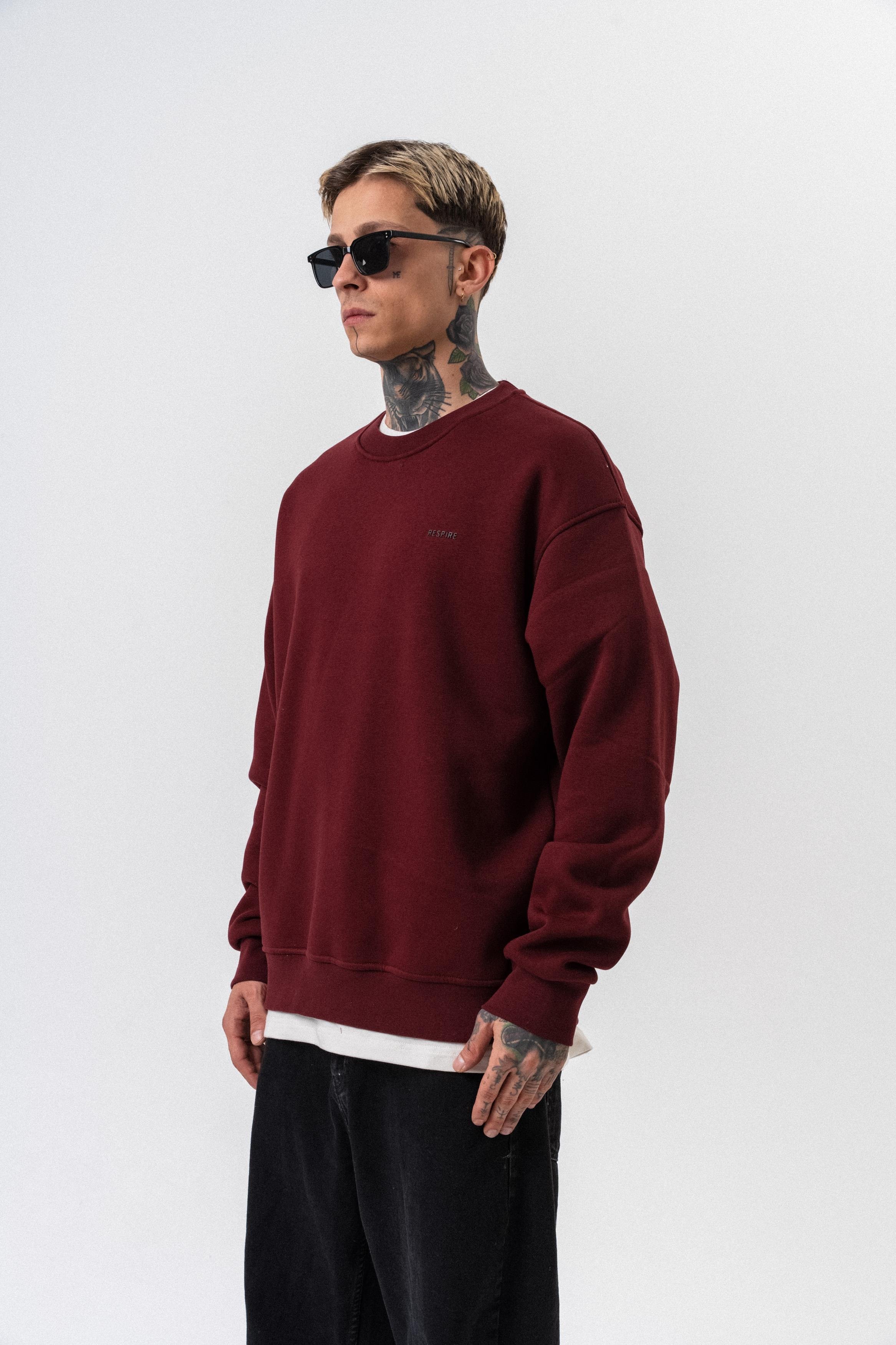 Erkek Respire Yazı Detaylı Basic Oversize Sweatshirt Bordo
