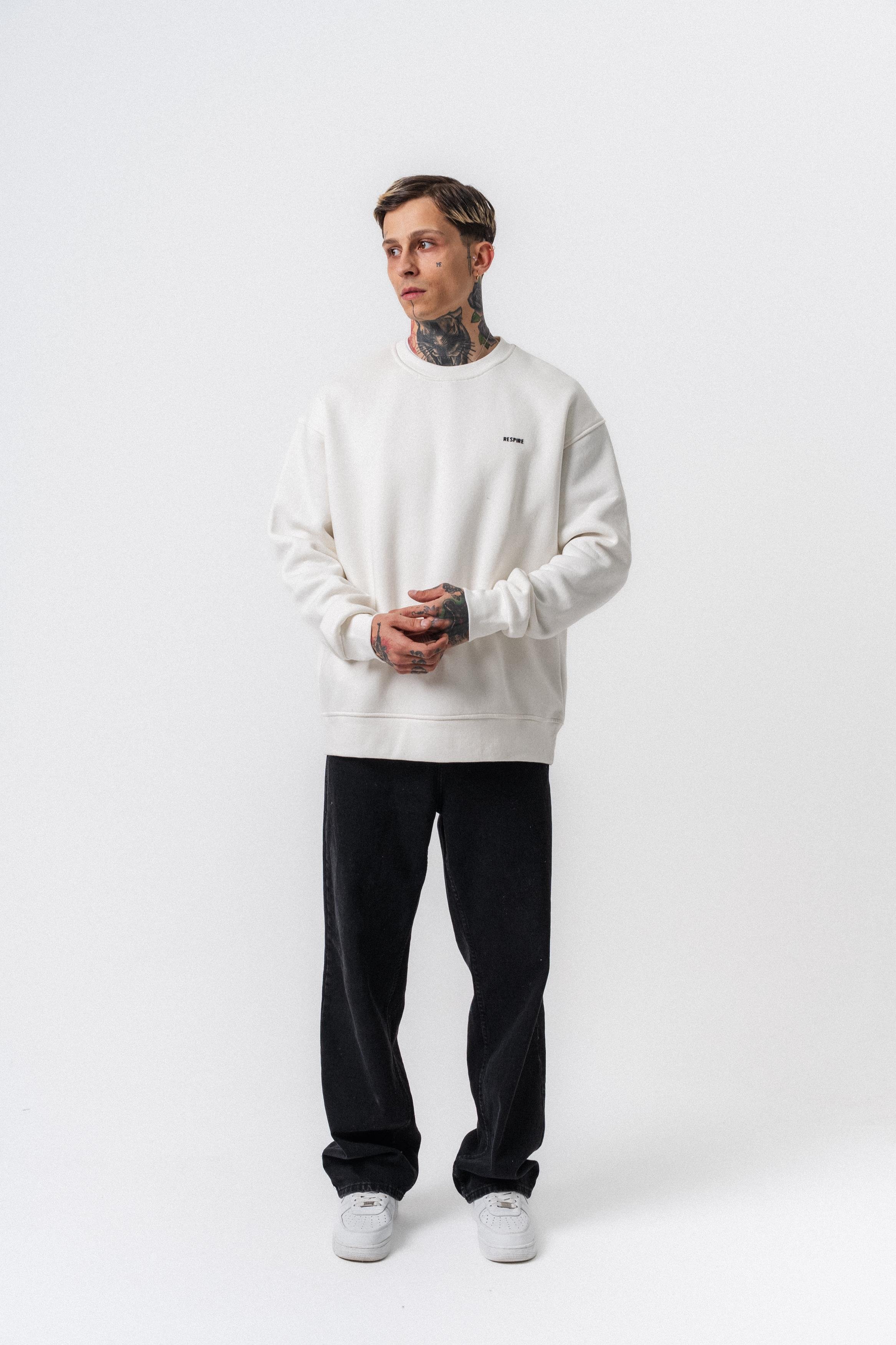 Erkek Respire Yazı Detaylı Basic Oversize Sweatshirt Ekru