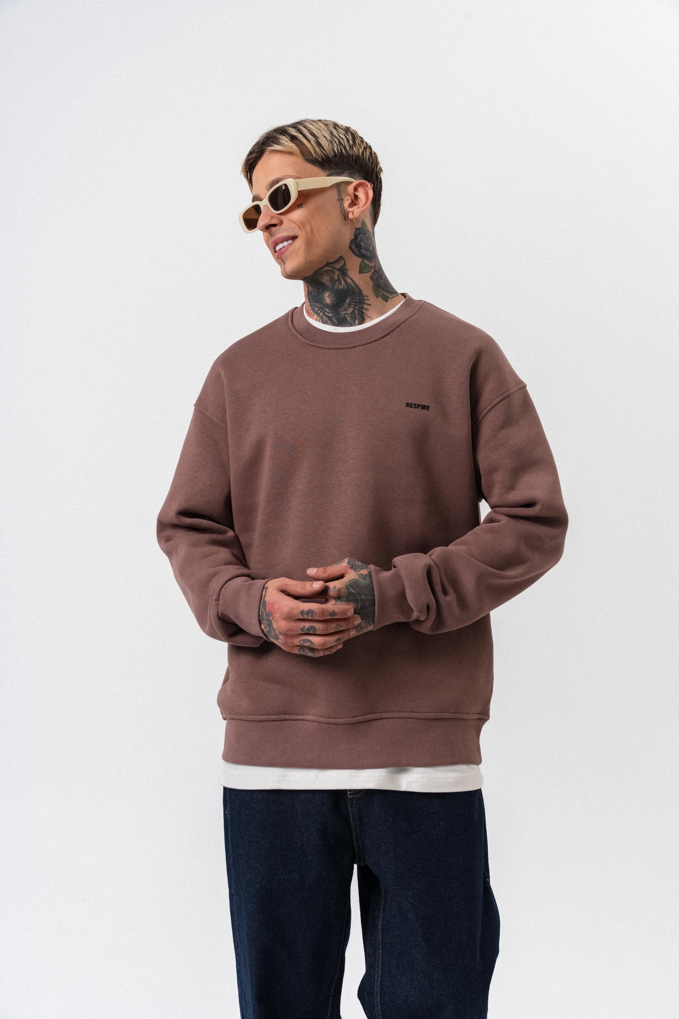 Erkek Respire Yazı Detaylı Basic Oversize Sweatshirt Kakao