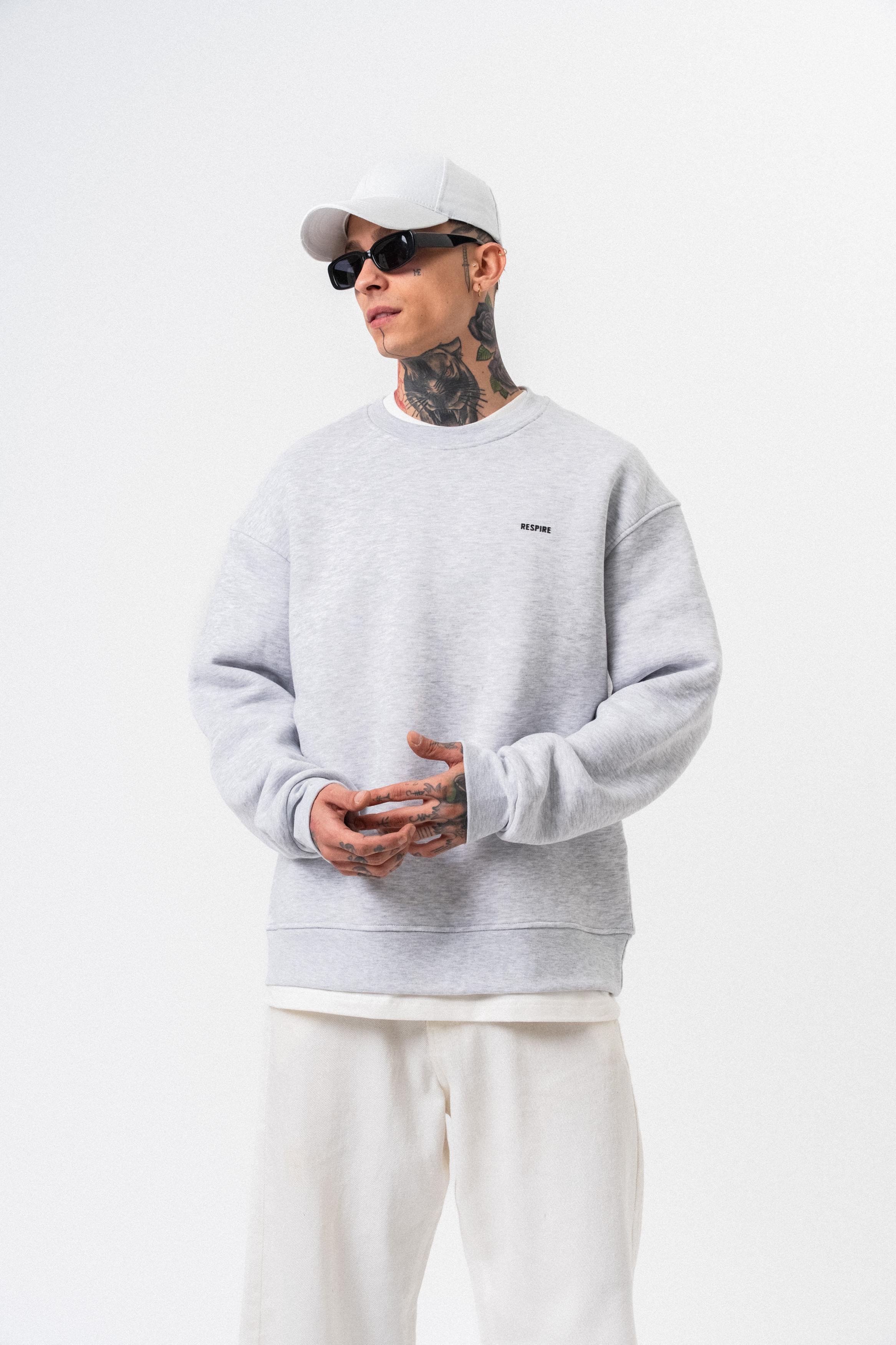 Erkek Respire Yazı Detaylı Basic Oversize Sweatshirt Kar Melanj