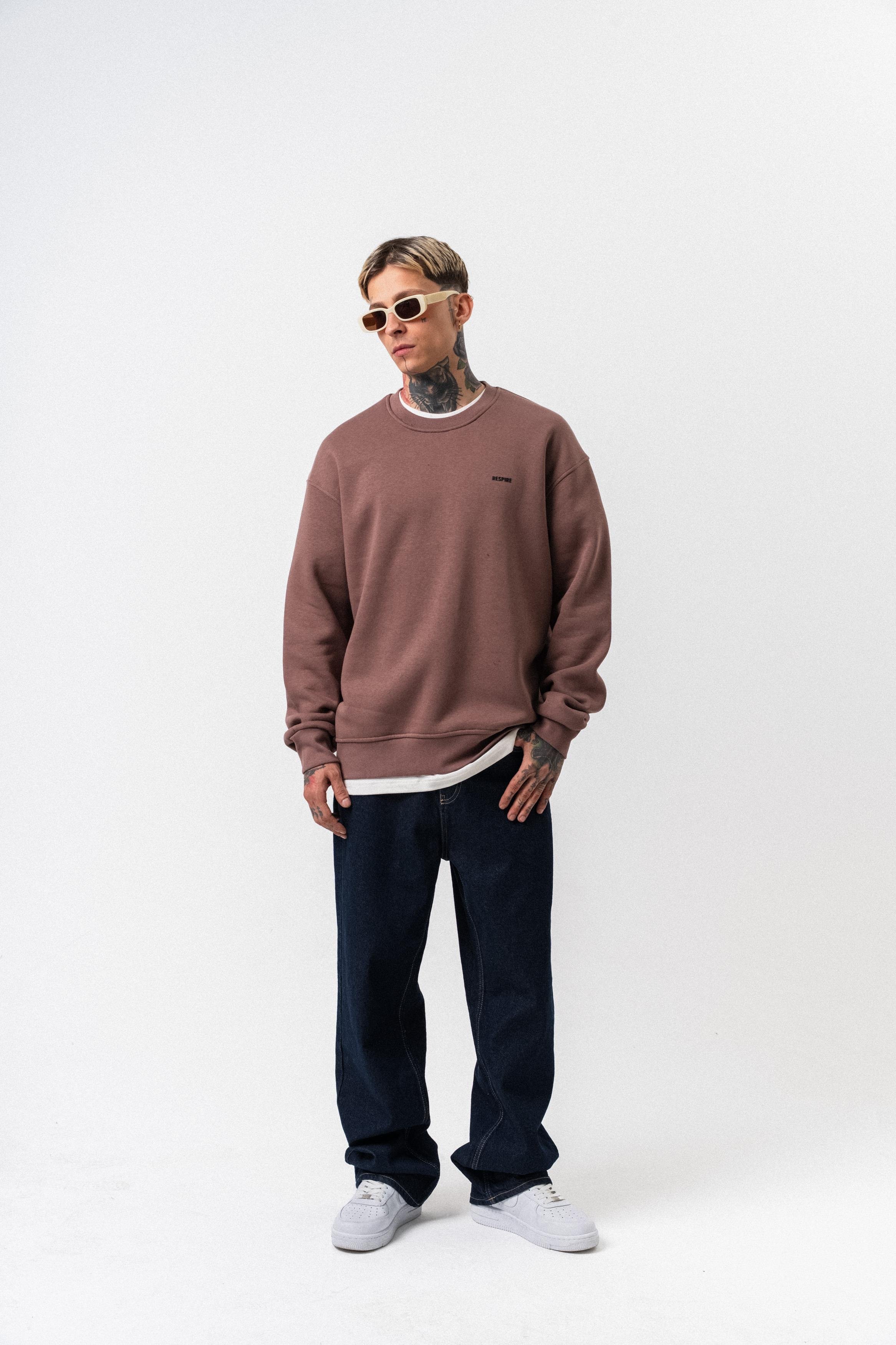Erkek Respire Yazı Detaylı Basic Oversize Sweatshirt Kakao