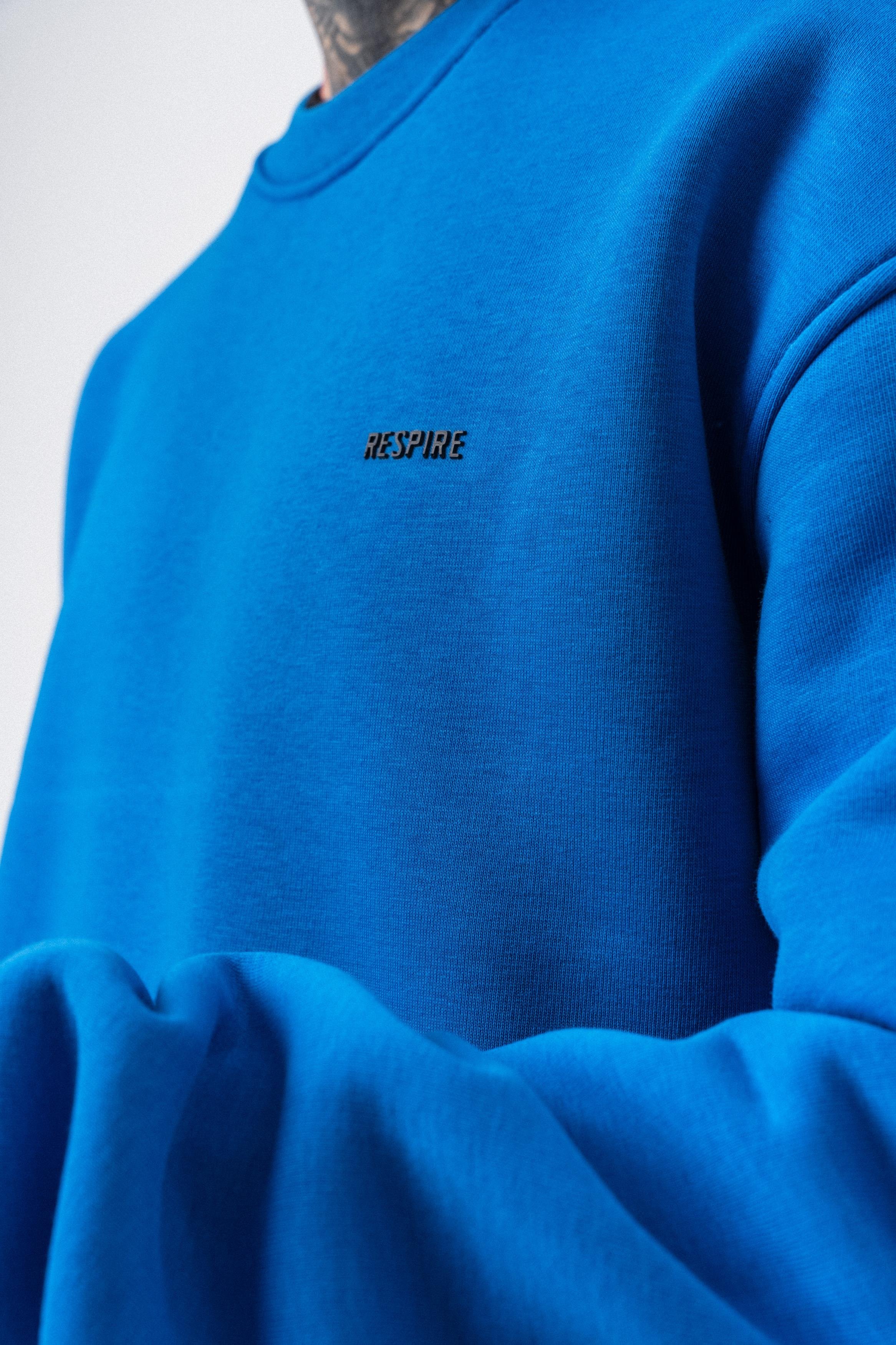 Erkek Respire Yazı Detaylı Basic Oversize Sweatshirt Mavi