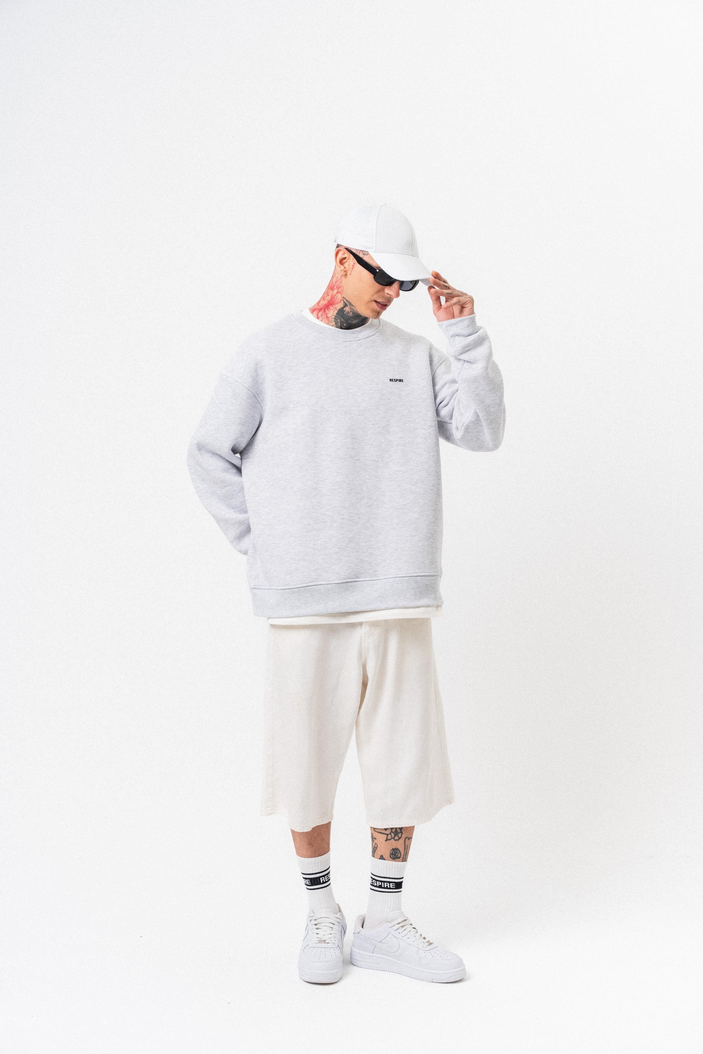 Erkek Respire Yazı Detaylı Basic Oversize Sweatshirt Kar Melanj