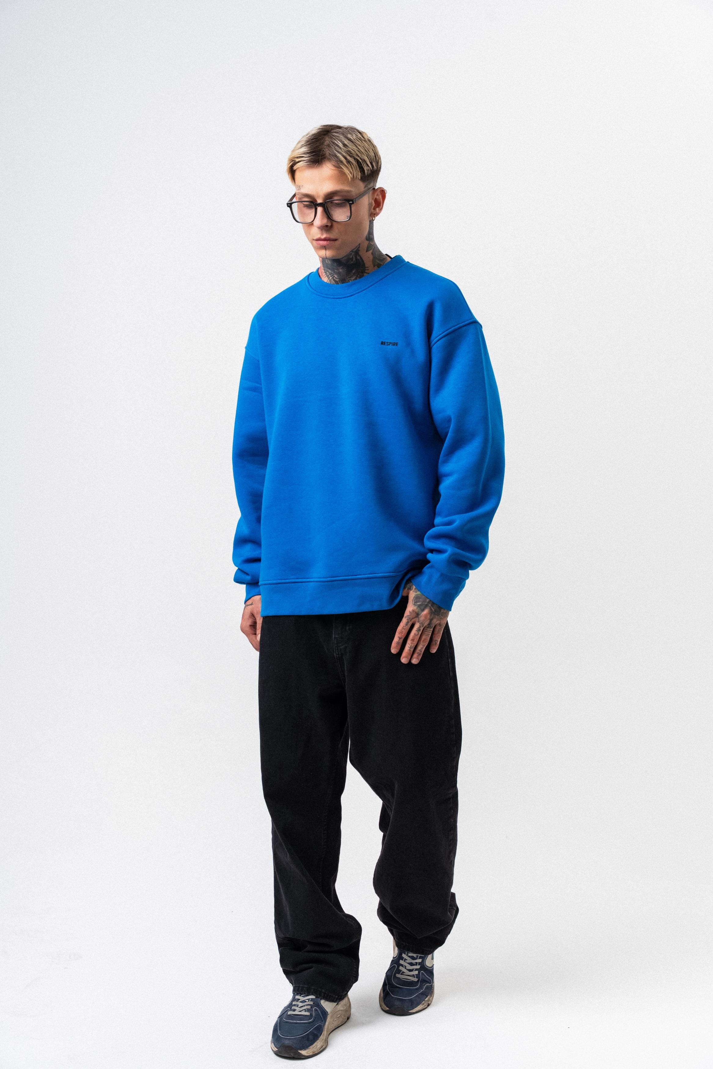 Erkek Respire Yazı Detaylı Basic Oversize Sweatshirt Mavi