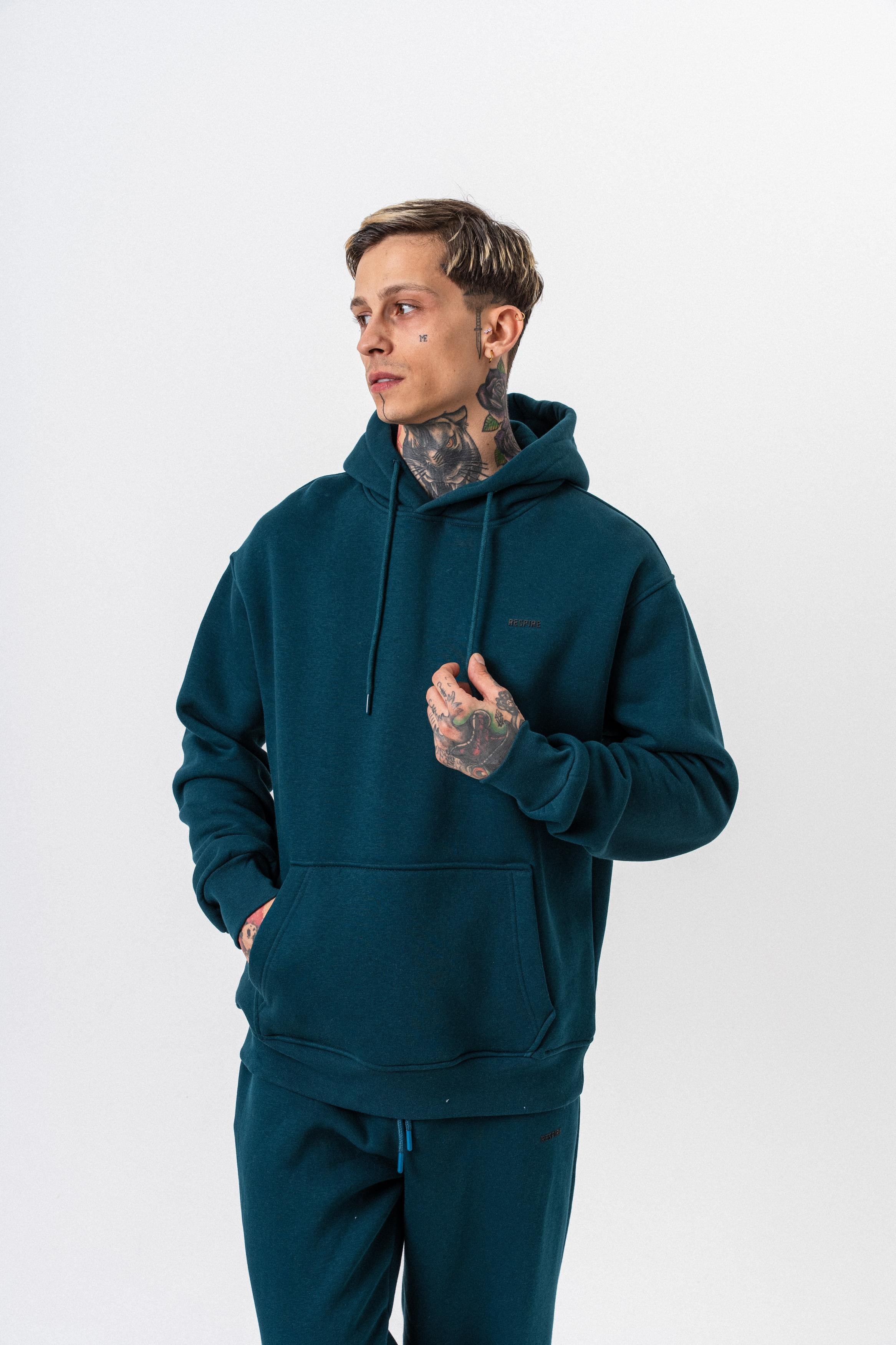 Erkek Respire Yazı Detaylı Kapüşonlu Basic Oversize Hoodie Zümrüt