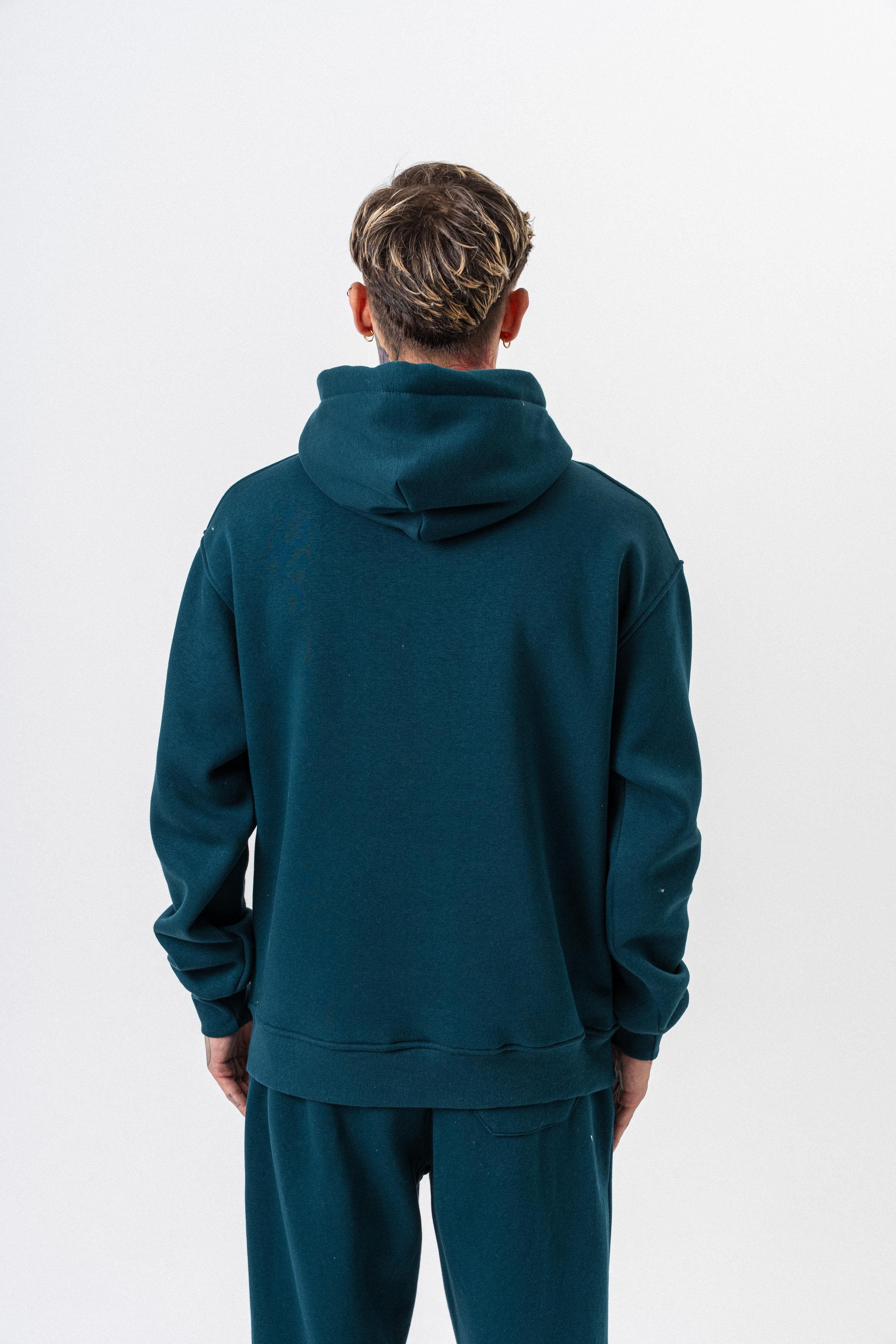 Erkek Respire Yazı Detaylı Kapüşonlu Basic Oversize Hoodie Zümrüt