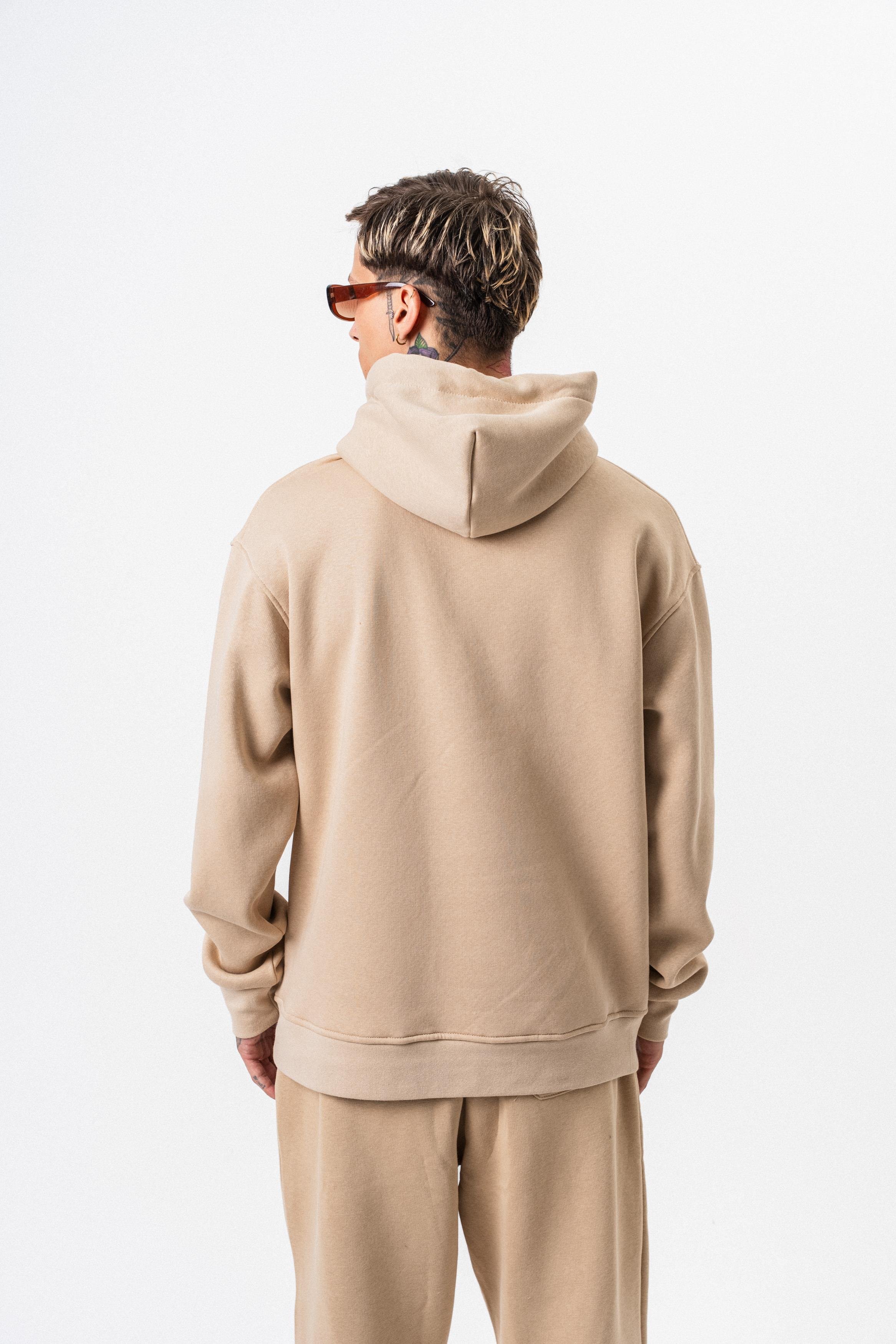 Erkek Respire Yazı Detaylı Kapüşonlu Basic Oversize Hoodie Bej