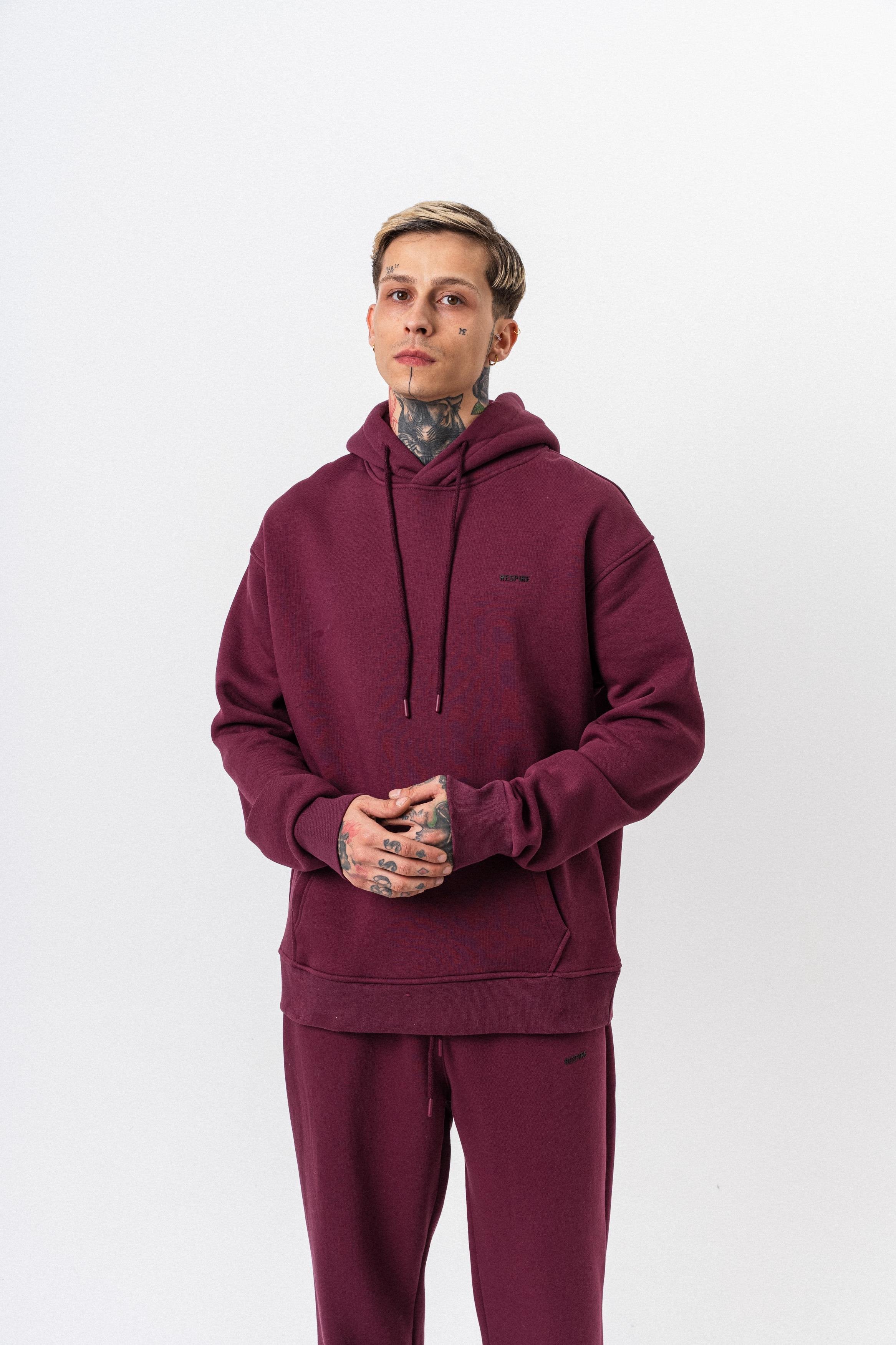 Erkek Respire Yazı Detaylı Kapüşonlu Basic Oversize Hoodie Vişne
