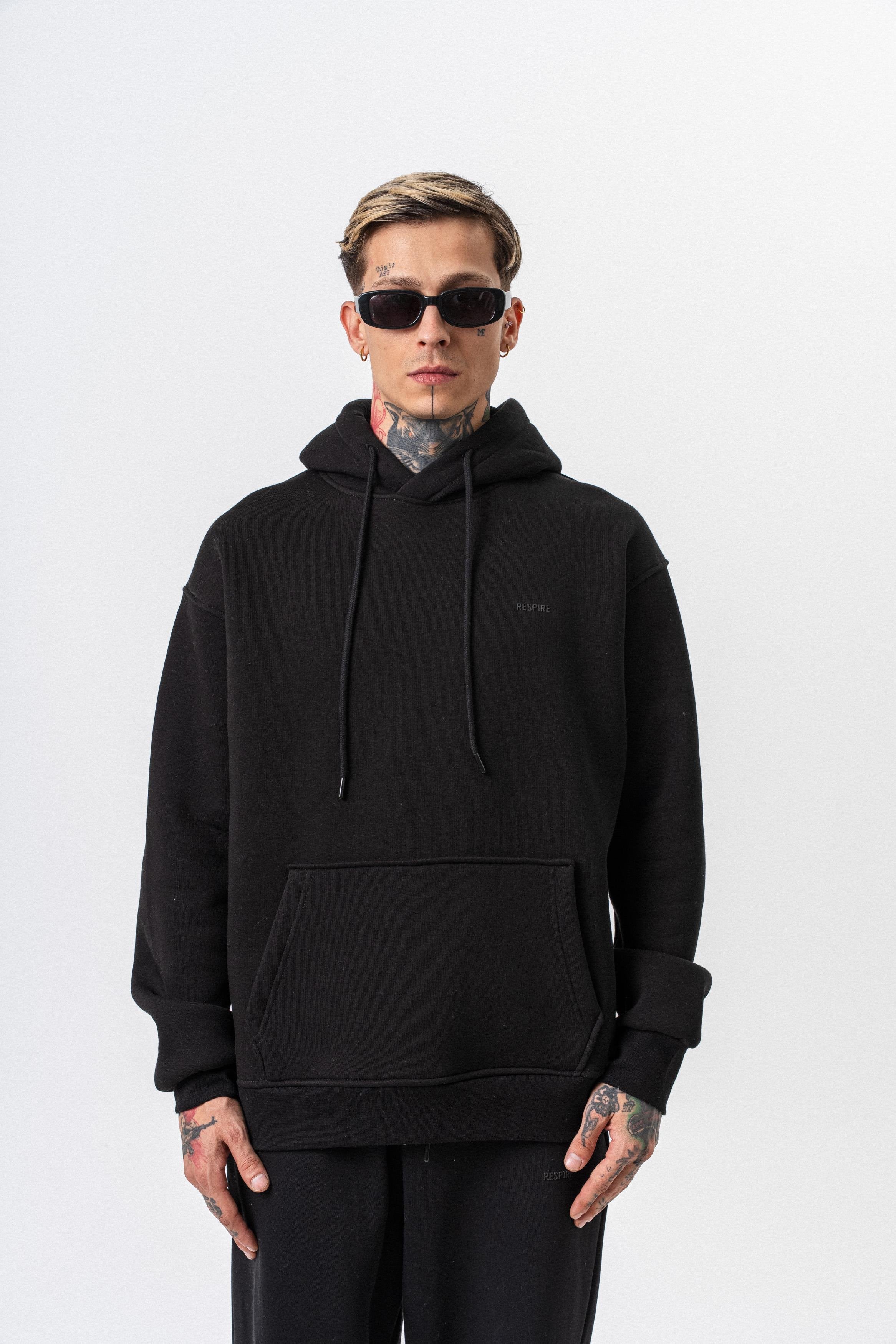 Erkek Respire Yazı Detaylı Kapüşonlu Basic Oversize Hoodie Siyah