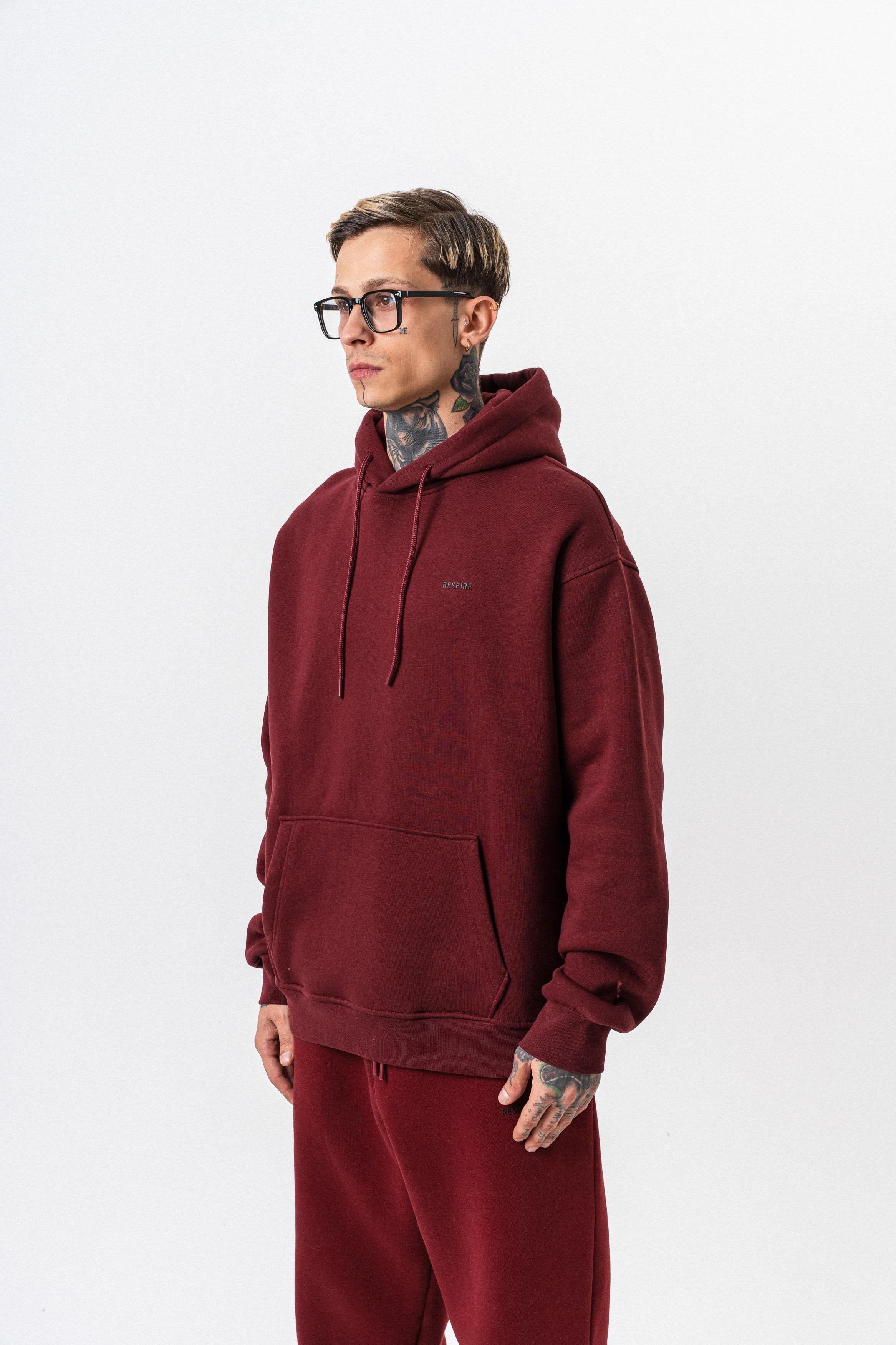 Erkek Respire Yazı Detaylı Kapüşonlu Basic Oversize Hoodie Bordo