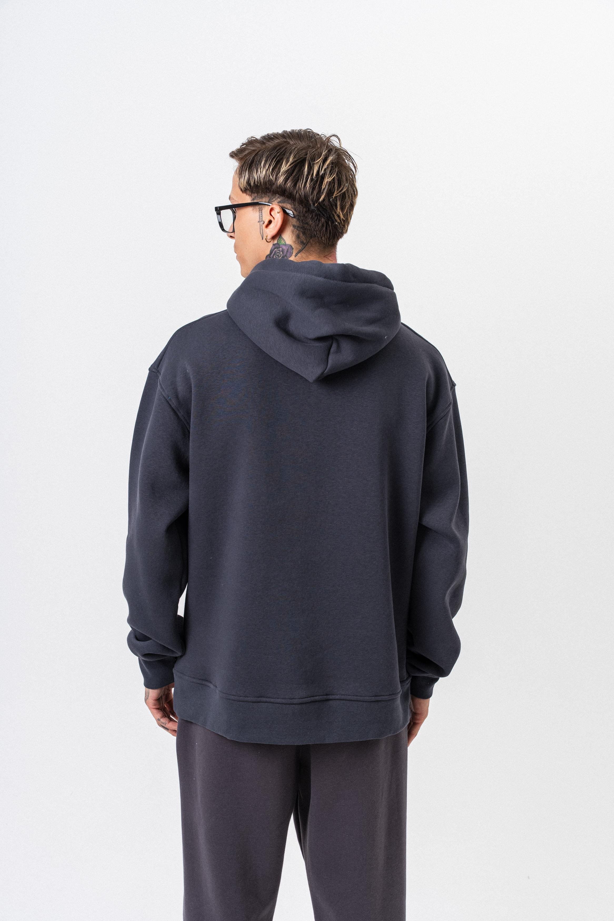 Erkek Respire Yazı Detaylı Kapüşonlu Basic Oversize Hoodie Füme