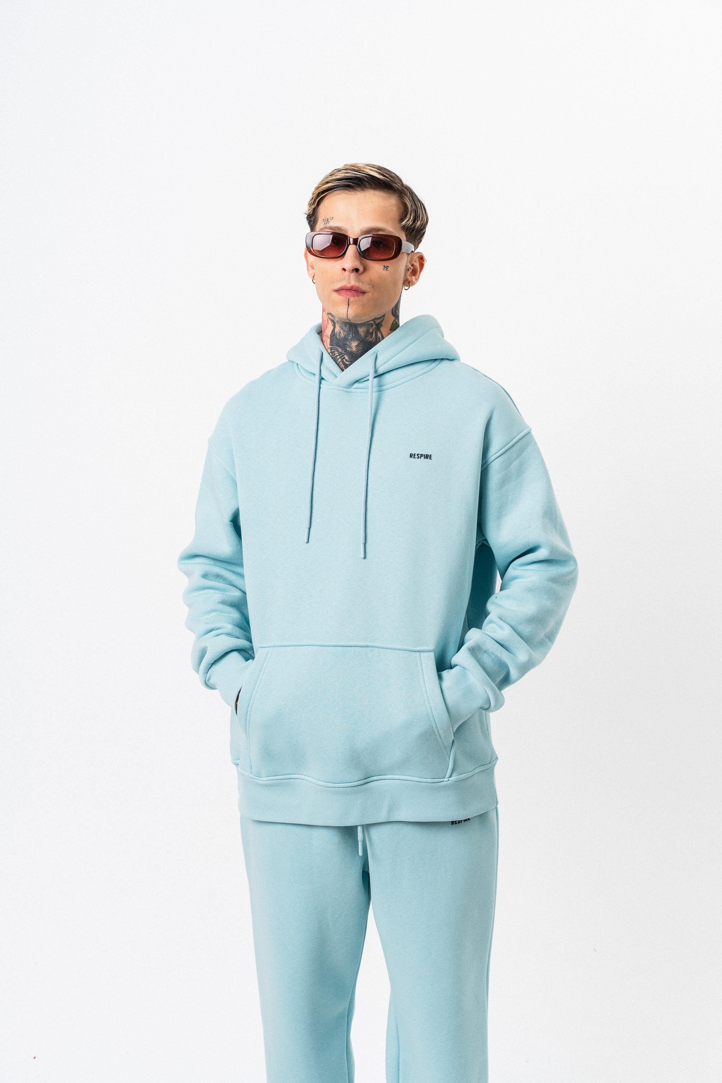 Erkek Respire Yazı Detaylı Kapüşonlu Basic Oversize Hoodie Bebe Mavi