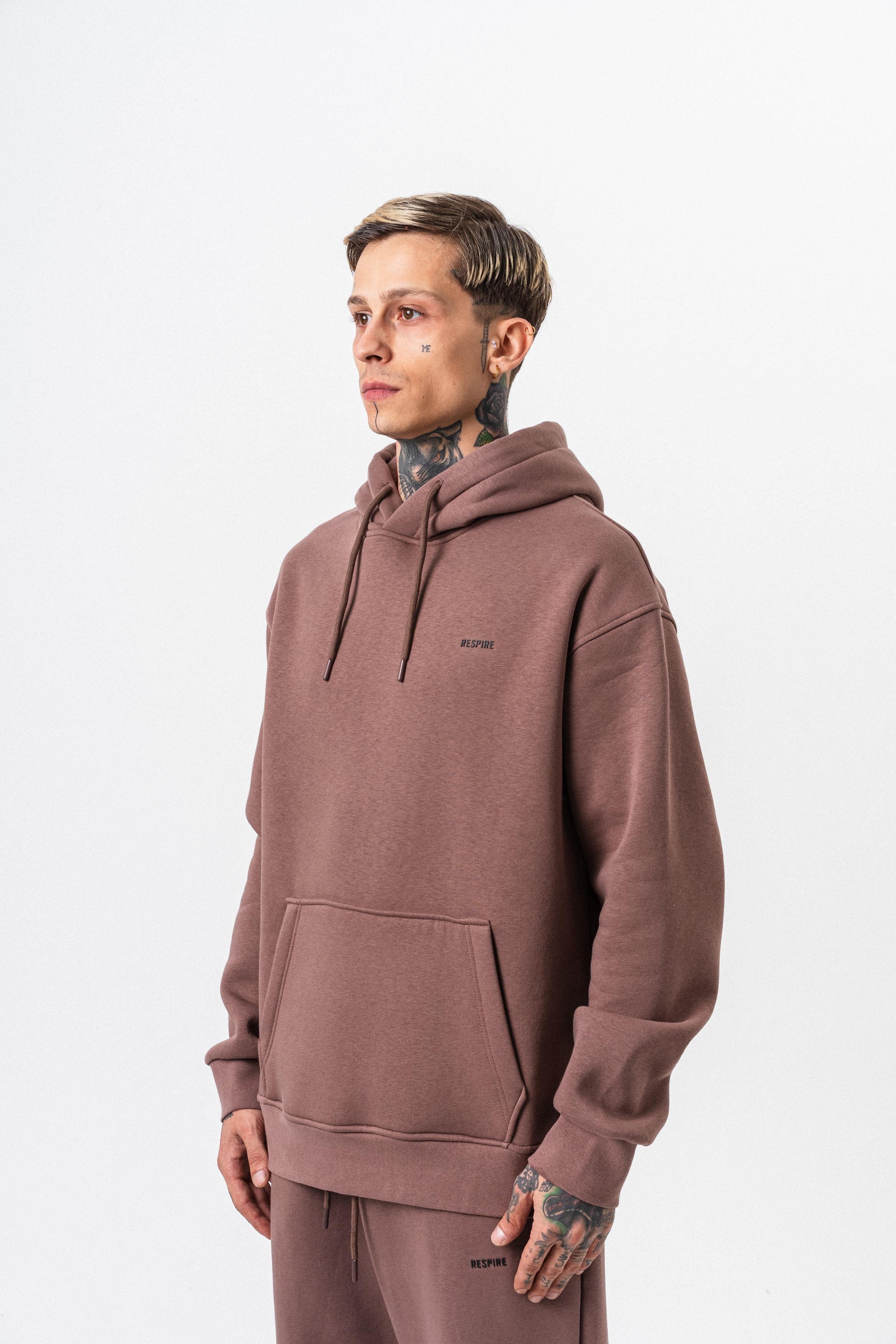Erkek Respire Yazı Detaylı Kapüşonlu Basic Oversize Hoodie Kakao