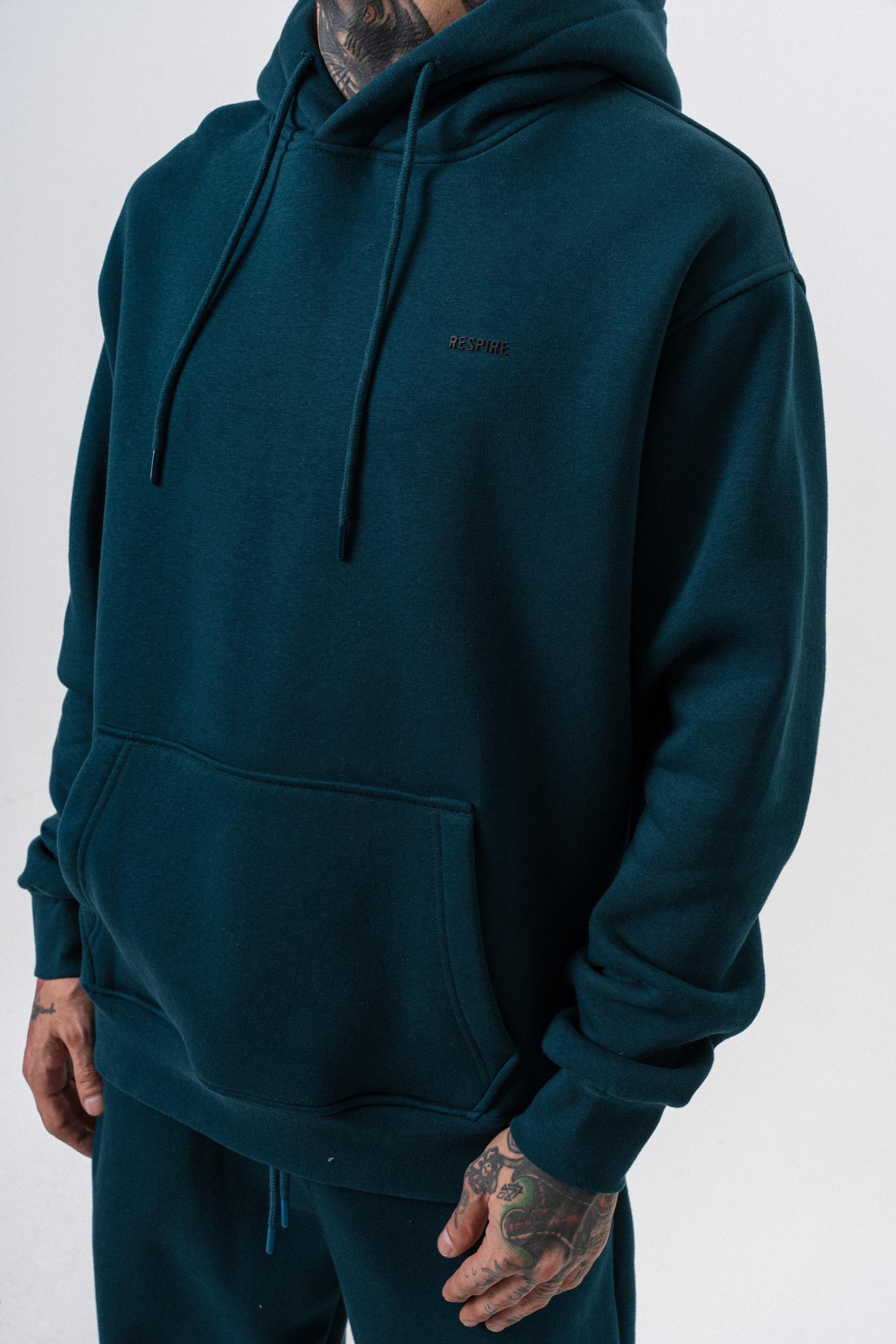 Erkek Respire Yazı Detaylı Kapüşonlu Basic Oversize Hoodie Zümrüt