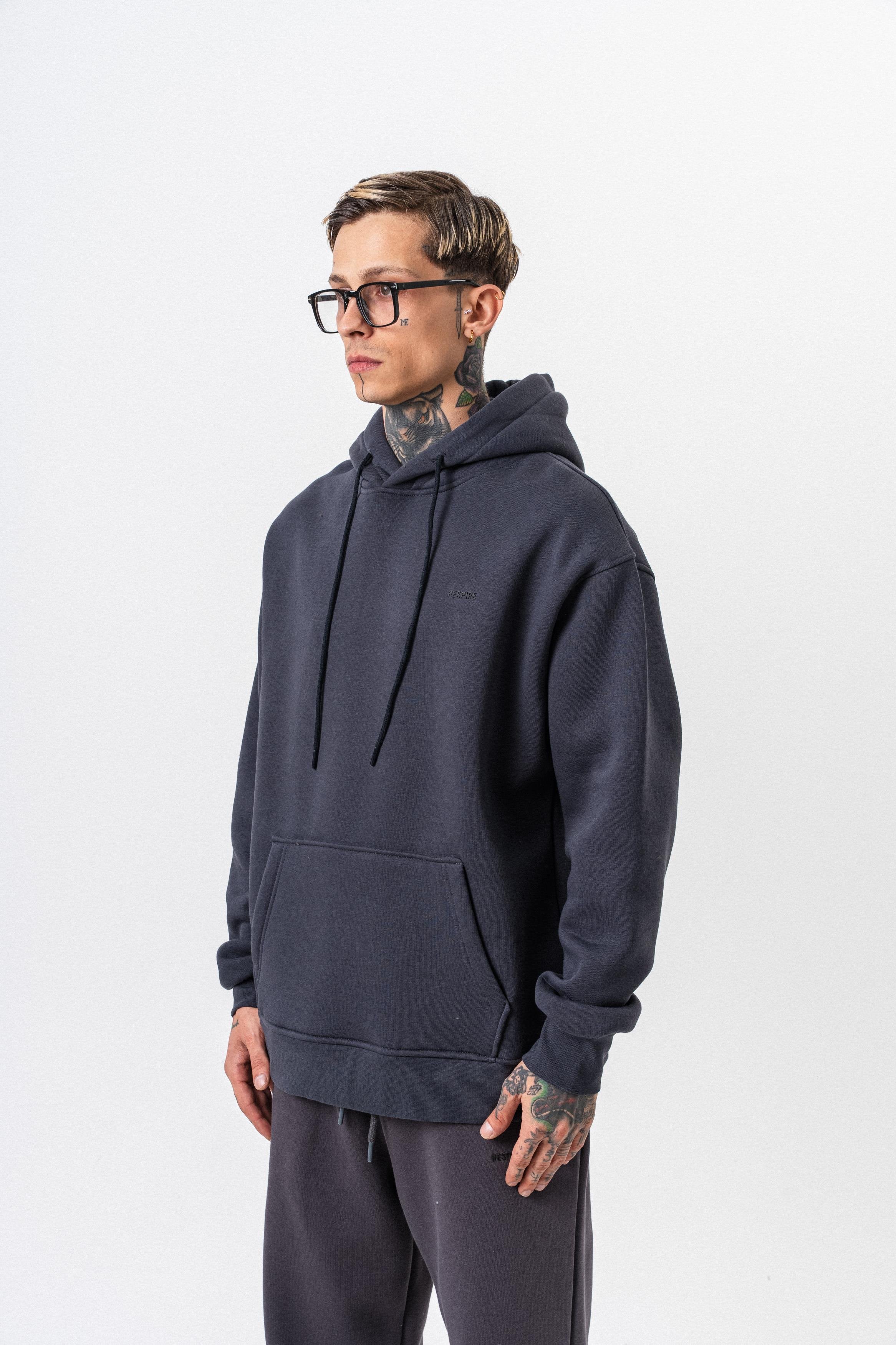 Erkek Respire Yazı Detaylı Kapüşonlu Basic Oversize Hoodie Füme