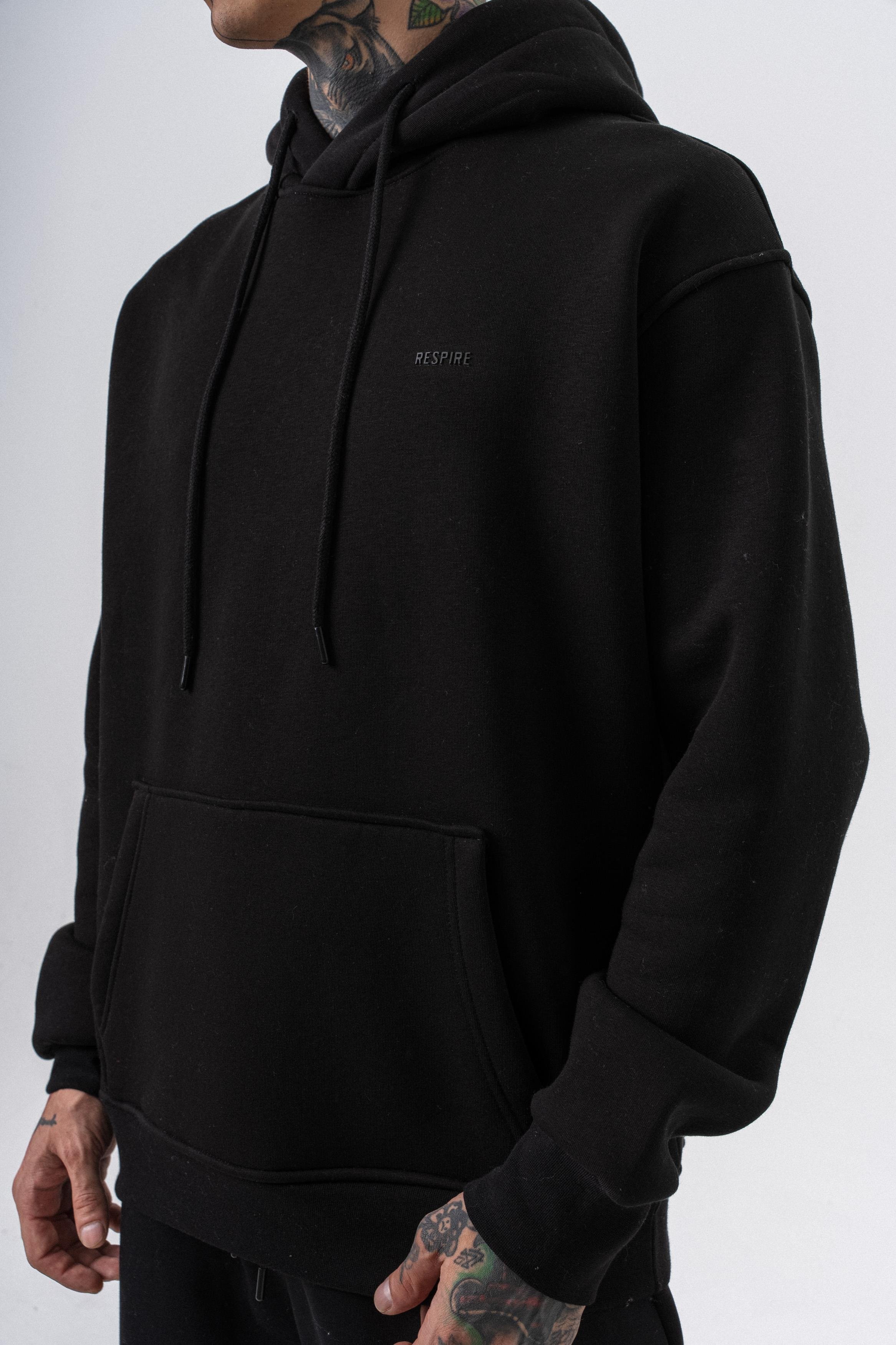 Erkek Respire Yazı Detaylı Kapüşonlu Basic Oversize Hoodie Siyah