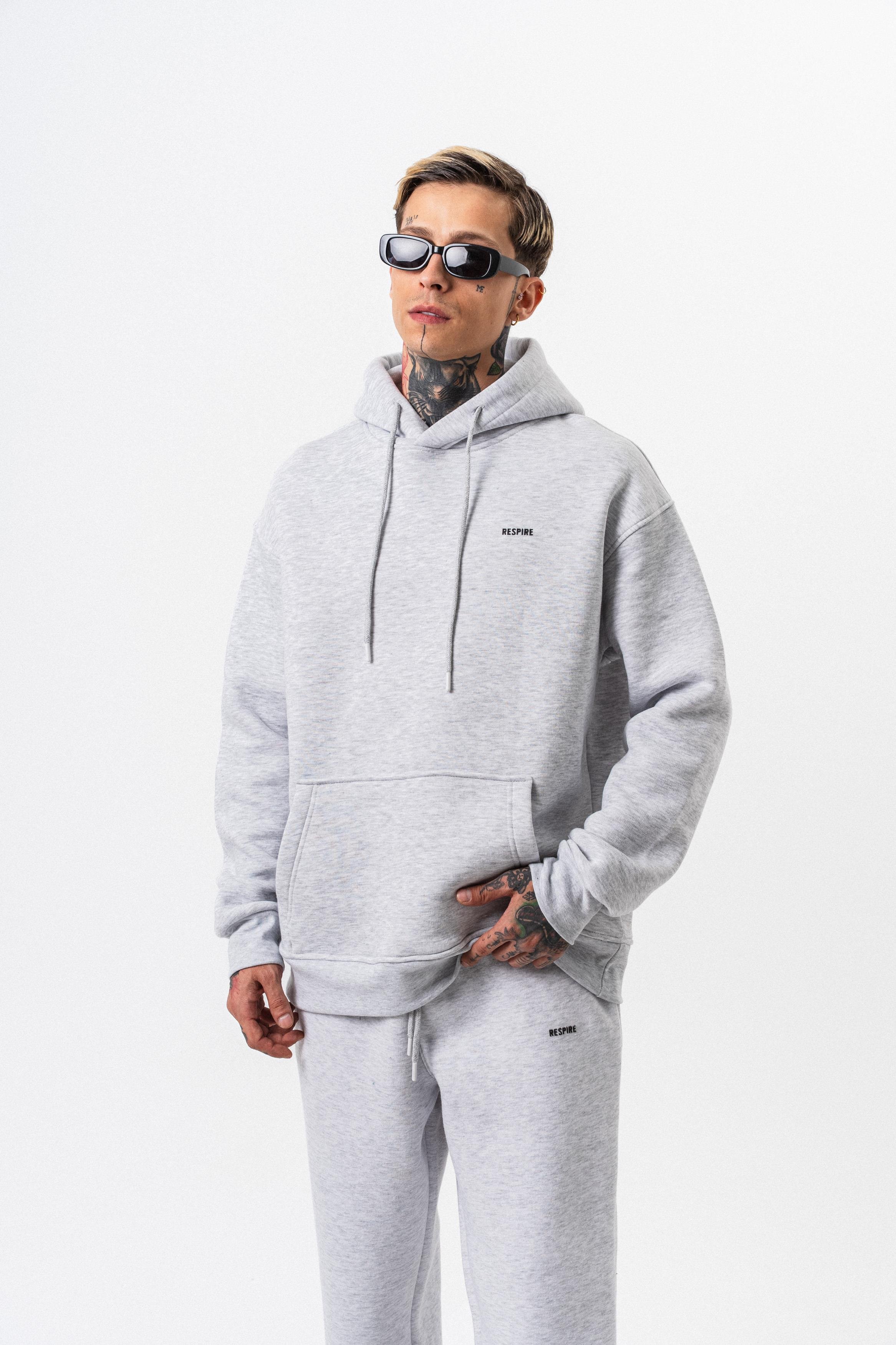 Erkek Respire Yazı Detaylı Kapüşonlu Basic Oversize Hoodie Kar Melanj