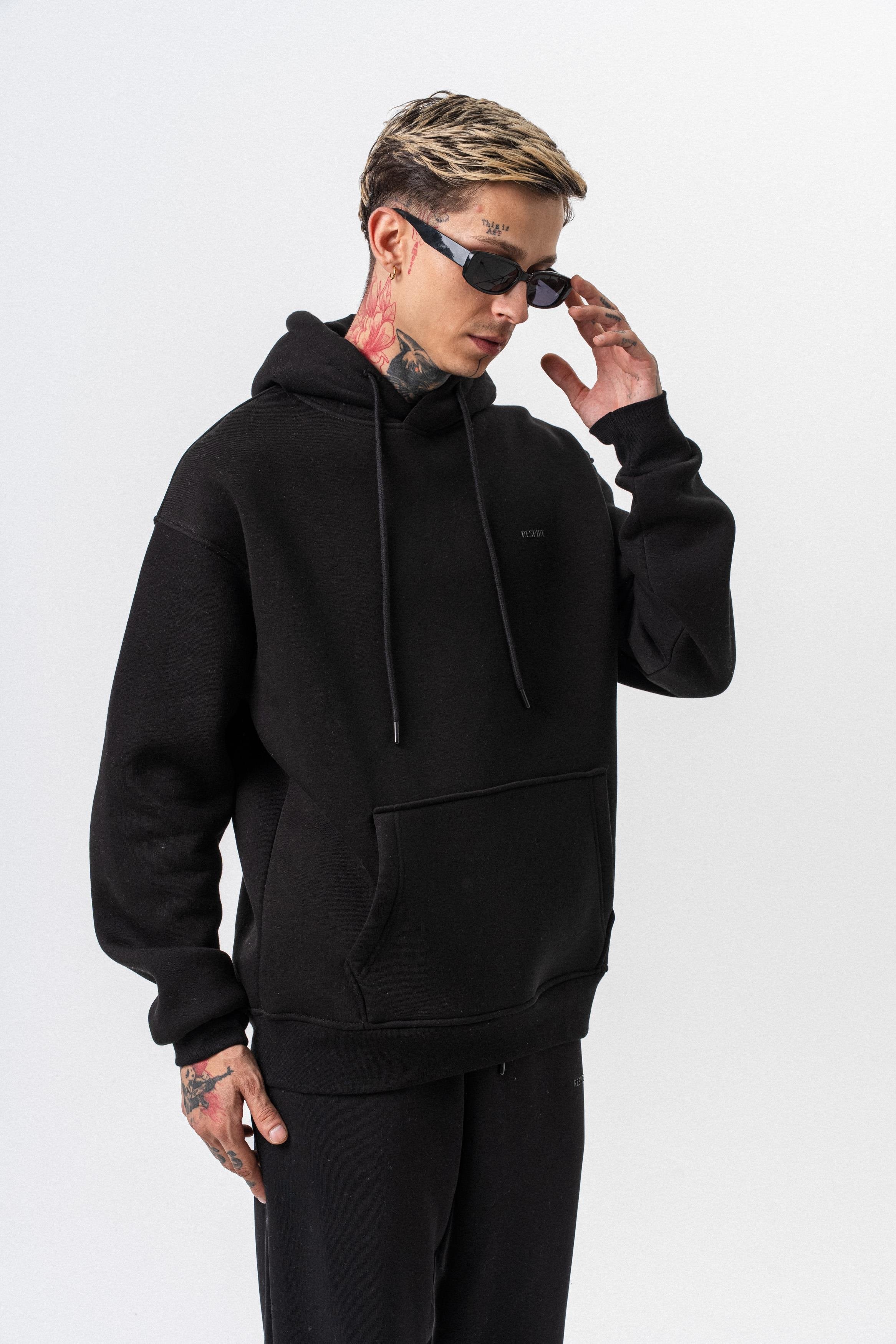 Erkek Respire Yazı Detaylı Kapüşonlu Basic Oversize Hoodie Siyah