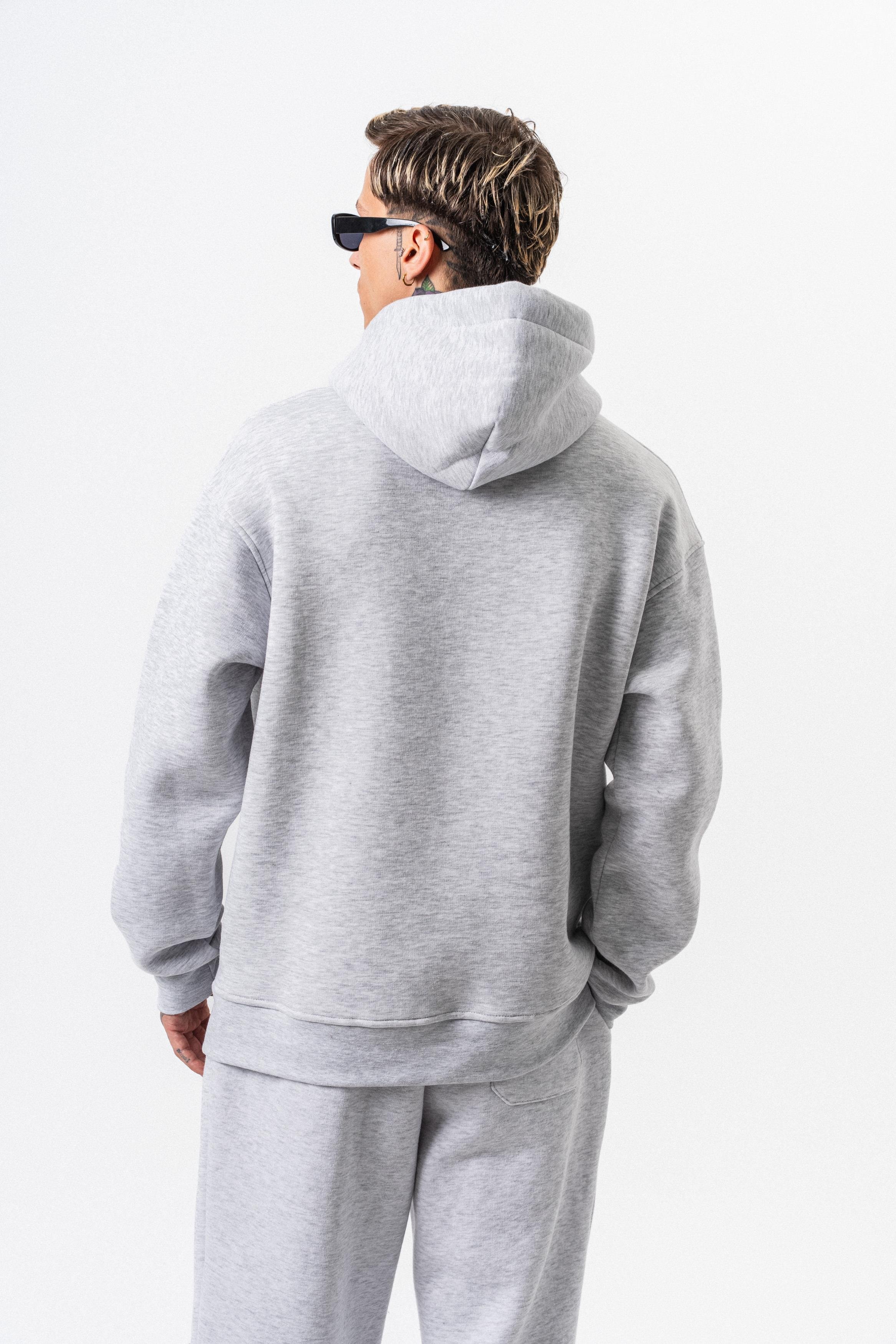 Erkek Respire Yazı Detaylı Kapüşonlu Basic Oversize Hoodie Kar Melanj