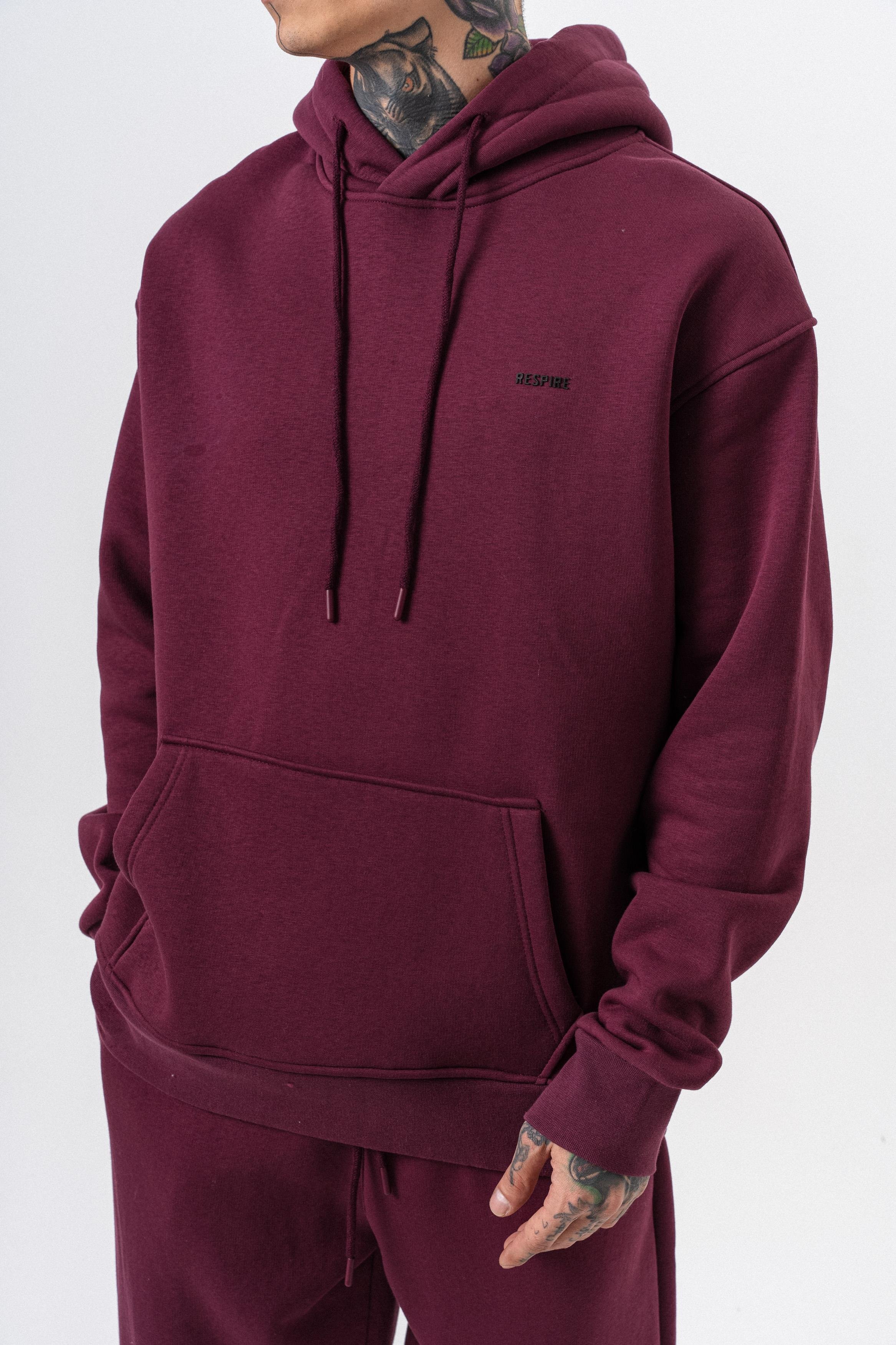 Erkek Respire Yazı Detaylı Kapüşonlu Basic Oversize Hoodie Vişne