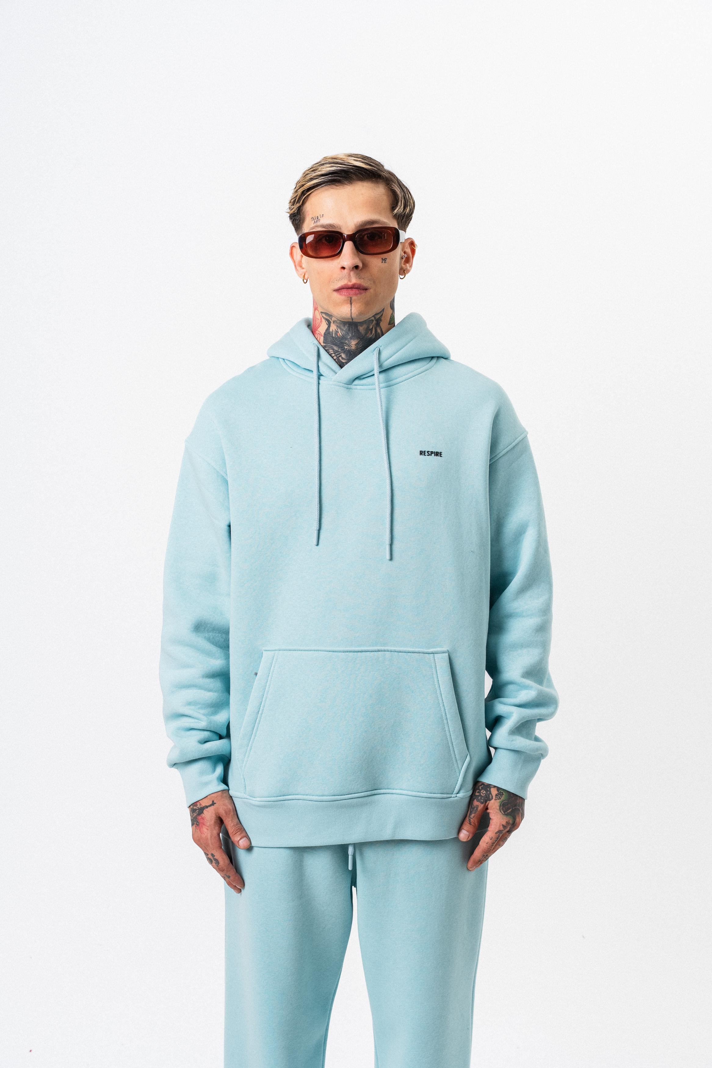 Erkek Respire Yazı Detaylı Kapüşonlu Basic Oversize Hoodie Bebe Mavi