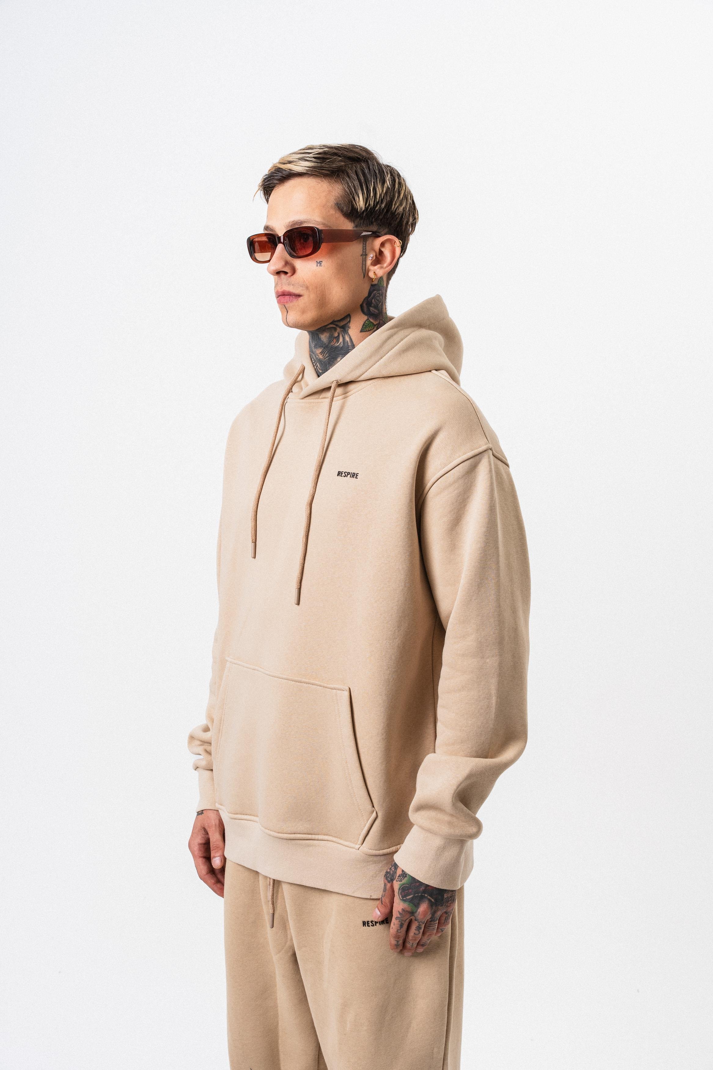 Erkek Respire Yazı Detaylı Kapüşonlu Basic Oversize Hoodie Bej