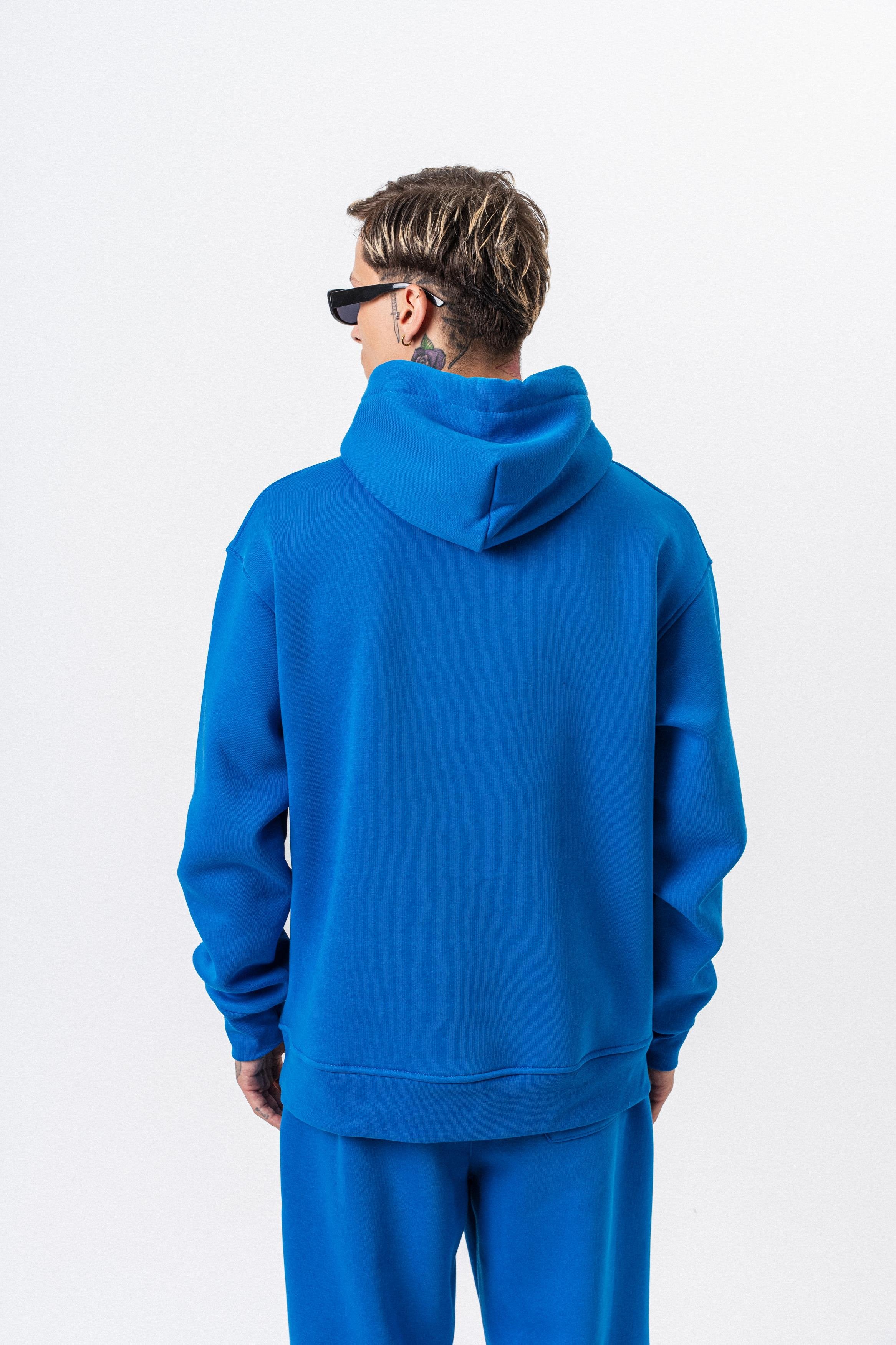 Erkek Respire Yazı Detaylı Kapüşonlu Basic Oversize Hoodie Mavi