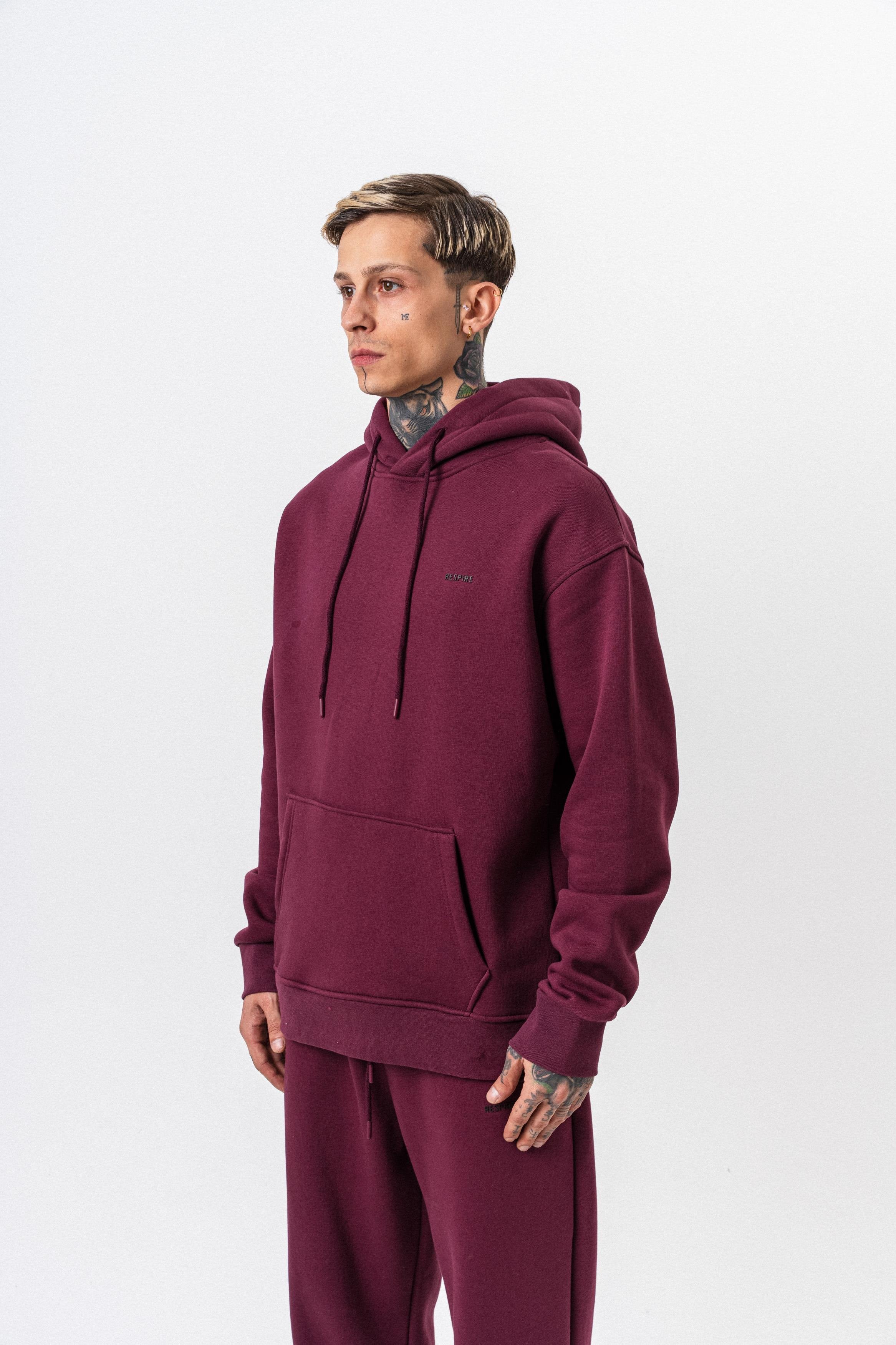 Erkek Respire Yazı Detaylı Kapüşonlu Basic Oversize Hoodie Vişne